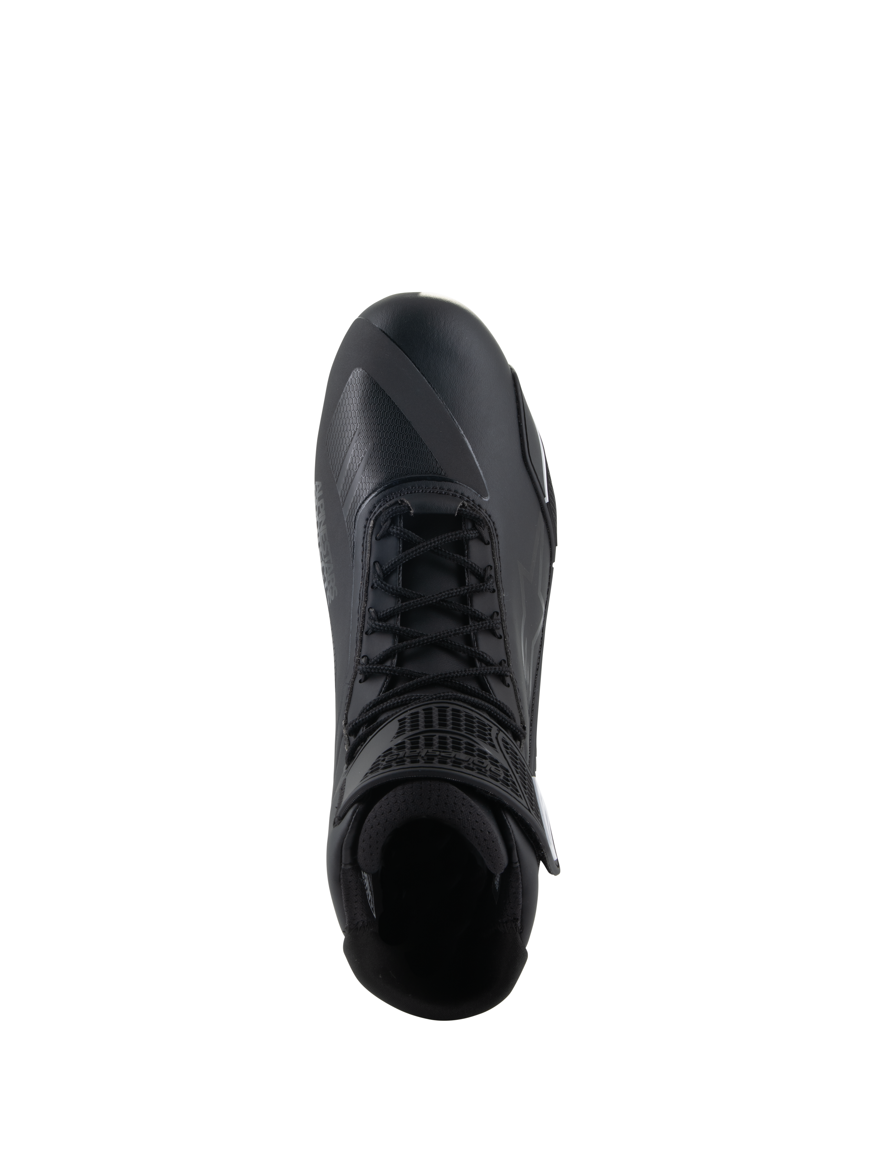 Alpinestars Faster-4 Shoes, scarpe da moto nere, vista dall'alto, con chiusura tradizionale a lacci, tomaia in microfibra senza cuciture e colletto della caviglia imbottito