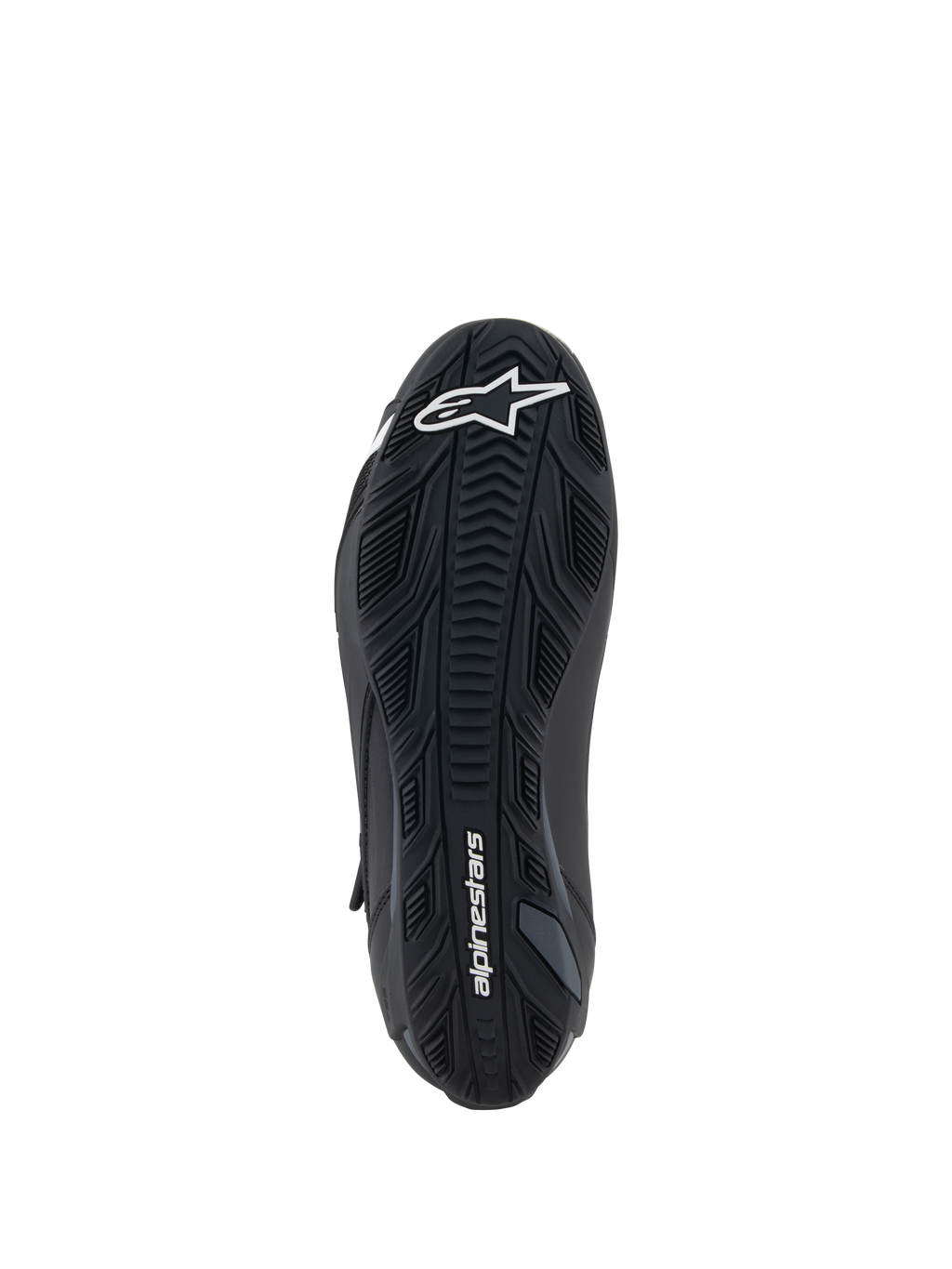 Scarpe Alpinestars Faster-4, nero, vista dal basso della suola in gomma con motivi di grip testurizzati, logo Alpinestars bianco sull'avampiede e marchio sul tallone, scarpa tecnica da moto