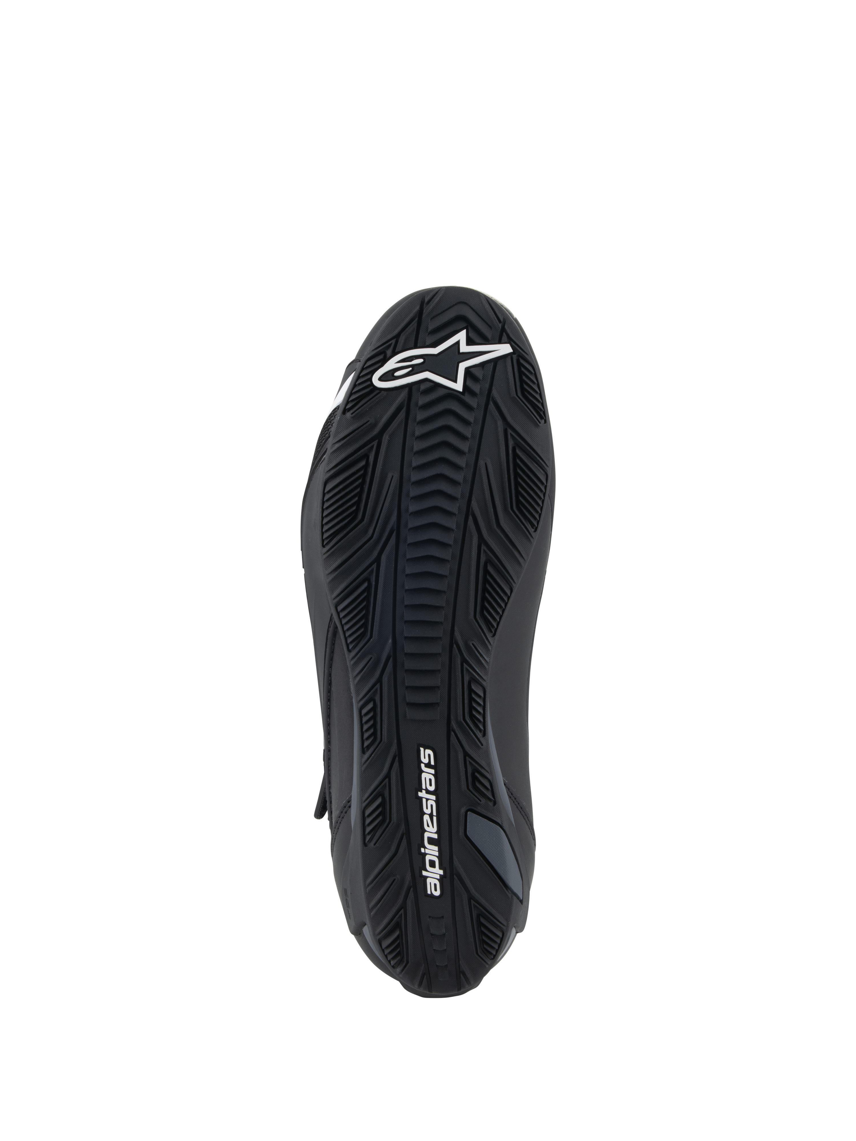 Scarpe Alpinestars Faster-4, nero, vista dal basso della suola in gomma con motivi di grip testurizzati, logo Alpinestars bianco sull'avampiede e marchio sul tallone, scarpa tecnica da moto