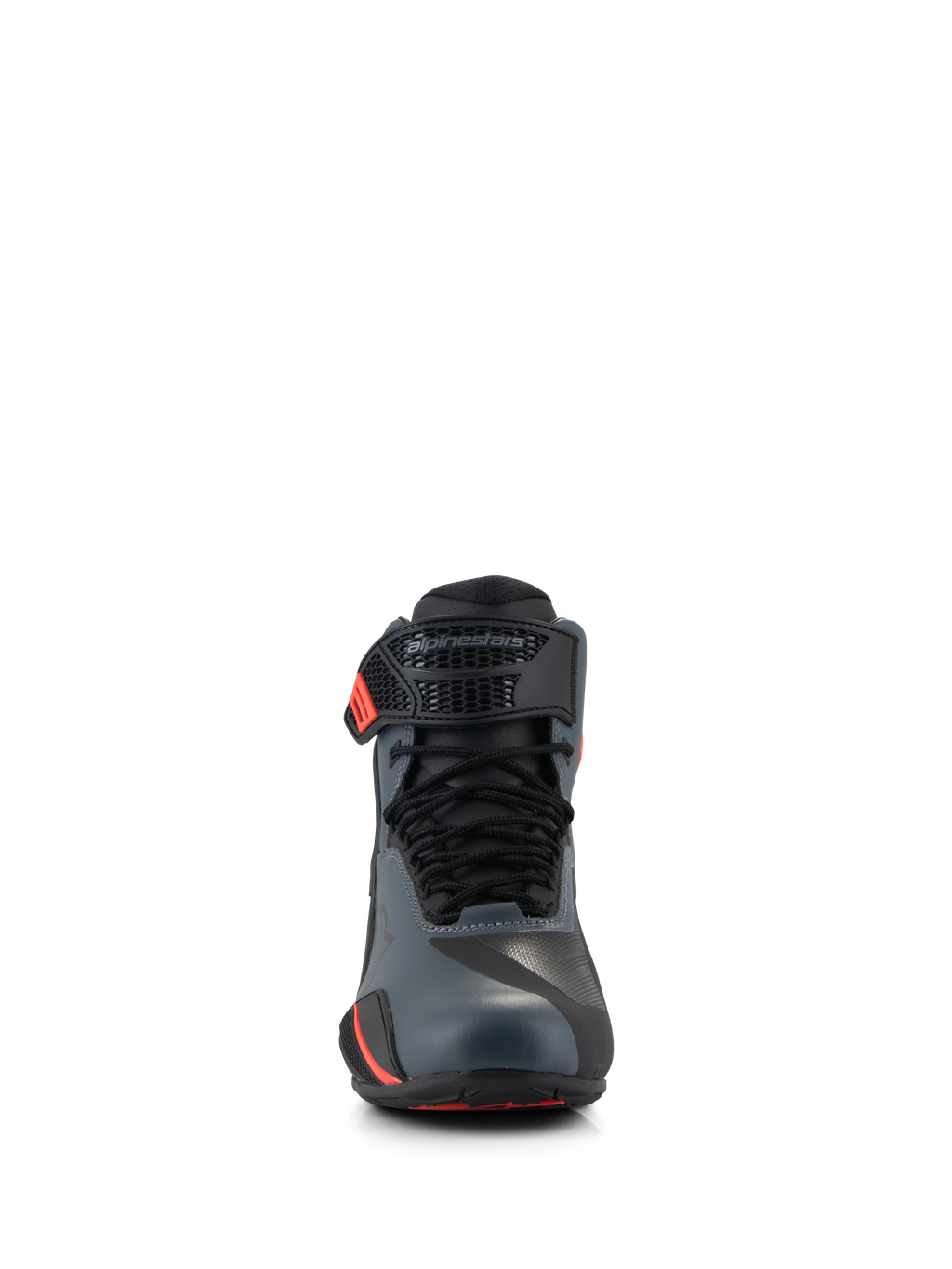 Scarpe Alpinestars Faster-4, scarpe da moto, nero grigio e rosso fluo, vista frontale con tomaia in microfibra senza cuciture, lacci tradizionali e cinturino regolabile sulla caviglia con logo Alpinestars