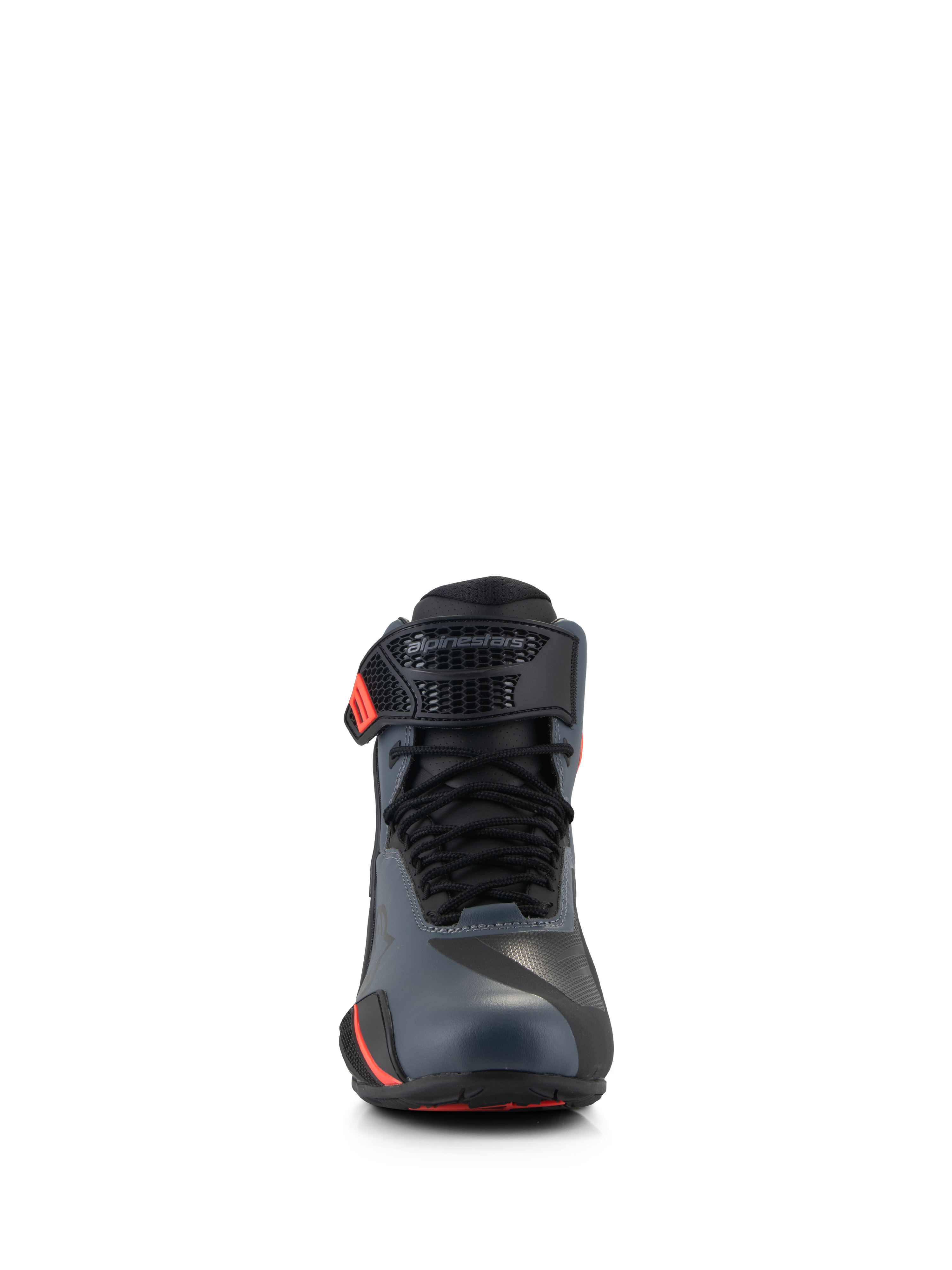 Scarpe Alpinestars Faster-4, scarpe da moto, nero grigio e rosso fluo, vista frontale con tomaia in microfibra senza cuciture, lacci tradizionali e cinturino regolabile sulla caviglia con logo Alpinestars
