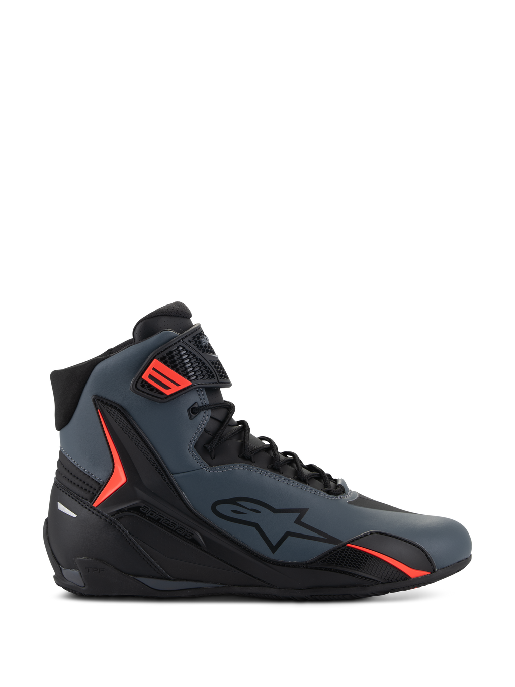 Alpinestars Faster-4 Shoes, scarpe da moto alte, grigio scuro e nero con vivaci accenti rossi, caratterizzate da una tomaia in microfibra dal design aerodinamico, logo a stella laterale e sistema di allacciatura sicuro con cinturino regolabile sulla caviglia