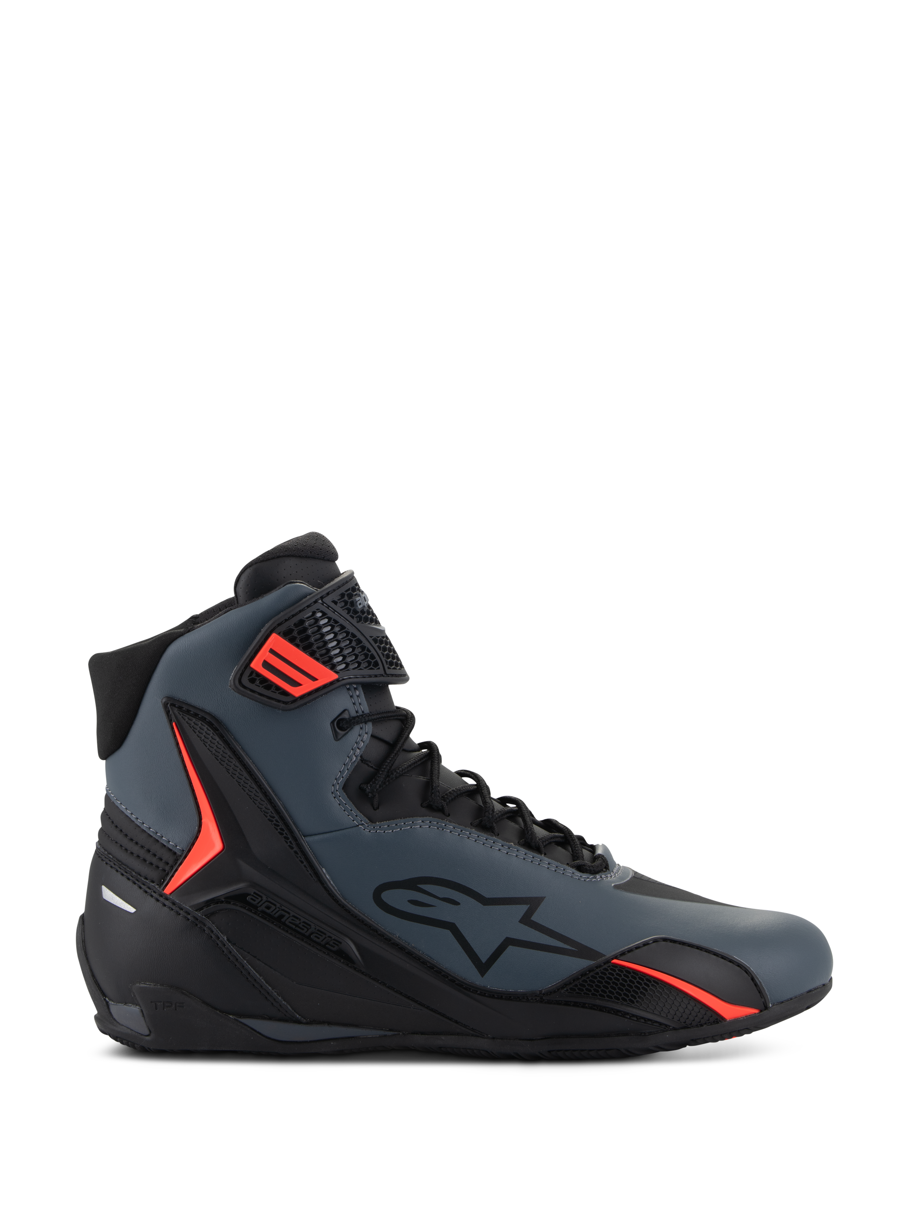 Alpinestars Faster-4 Shoes, scarpe da moto alte, grigio scuro e nero con vivaci accenti rossi, caratterizzate da una tomaia in microfibra dal design aerodinamico, logo a stella laterale e sistema di allacciatura sicuro con cinturino regolabile sulla caviglia