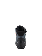 Alpinestars Faster-4 Shoes, scarpe da moto, nero, grigio e rosso fluo, vista posteriore con contrafforte del tallone rinforzato, supporto per la caviglia e design sportivo ed elegante