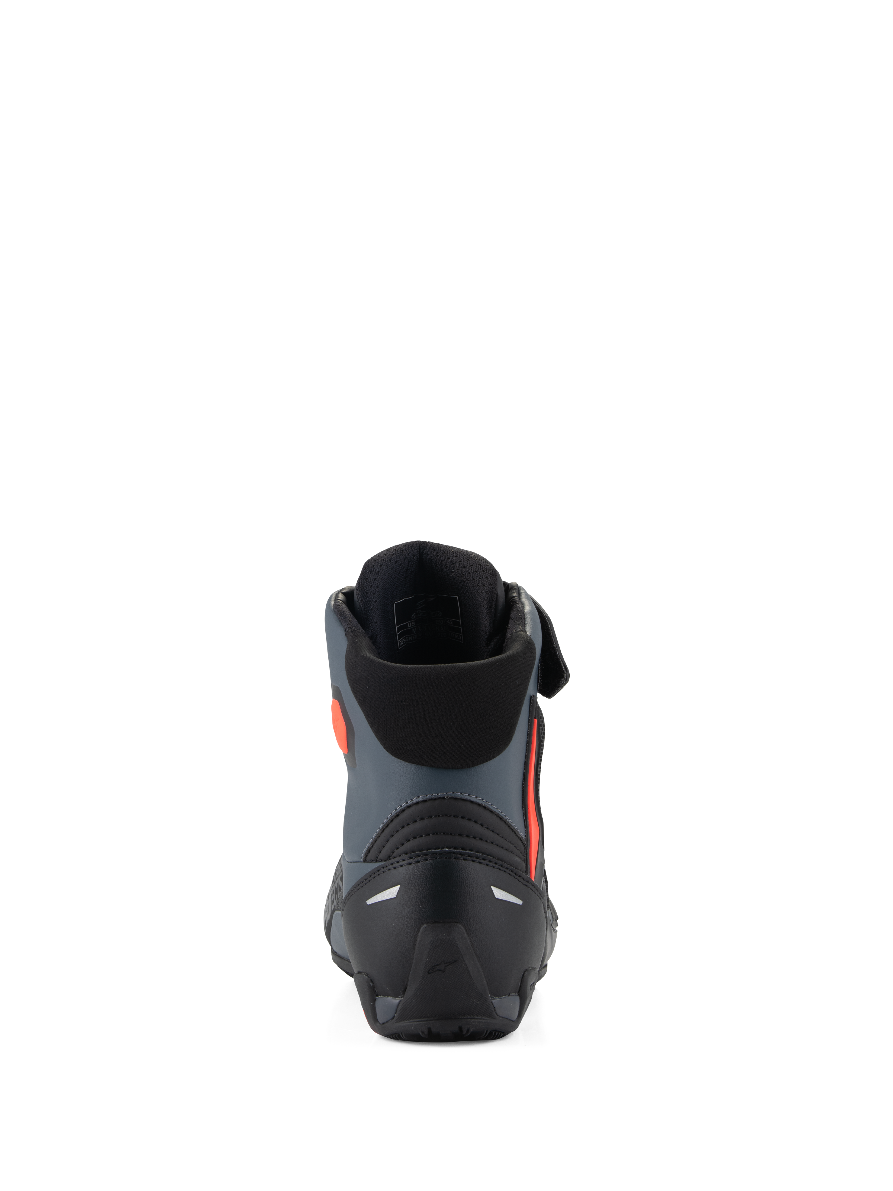 Alpinestars Faster-4 Shoes, scarpe da moto, nero, grigio e rosso fluo, vista posteriore con contrafforte del tallone rinforzato, supporto per la caviglia e design sportivo ed elegante