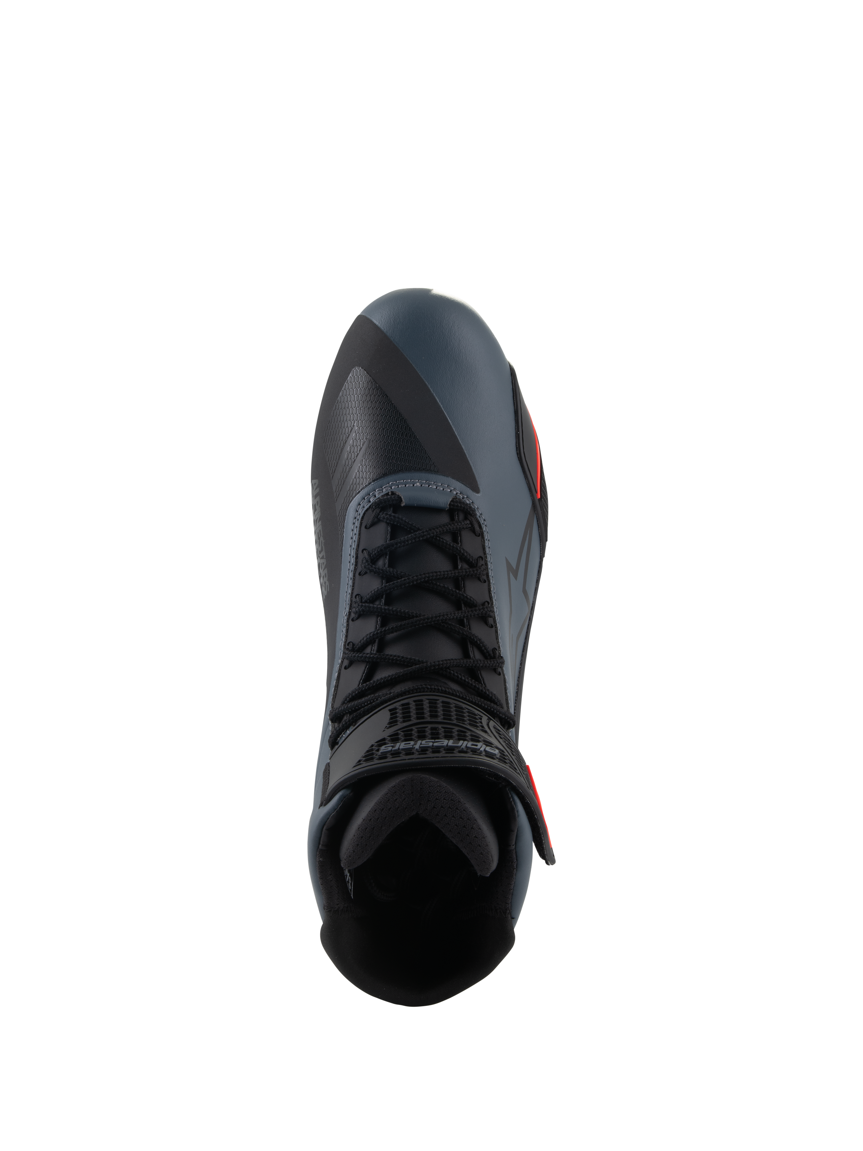 Alpinestars Faster-4 Shoes, scarpe da moto, nero grigio e rosso fluo, vista dall'alto che evidenzia la chiusura con lacci e il cinturino alla caviglia, tomaia in microfibra tecnica con pannelli senza cuciture, design sportivo per la guida su strada ad alte prestazioni.