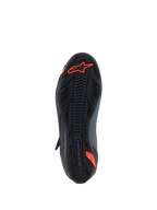 Scarpe Alpinestars Faster-4, scarpe da moto, nero e rosso fluo, vista dal basso che mostra la suola in gomma testurizzata con logo Astars rosso e marchio in rilievo, progettata per aderenza e durata.