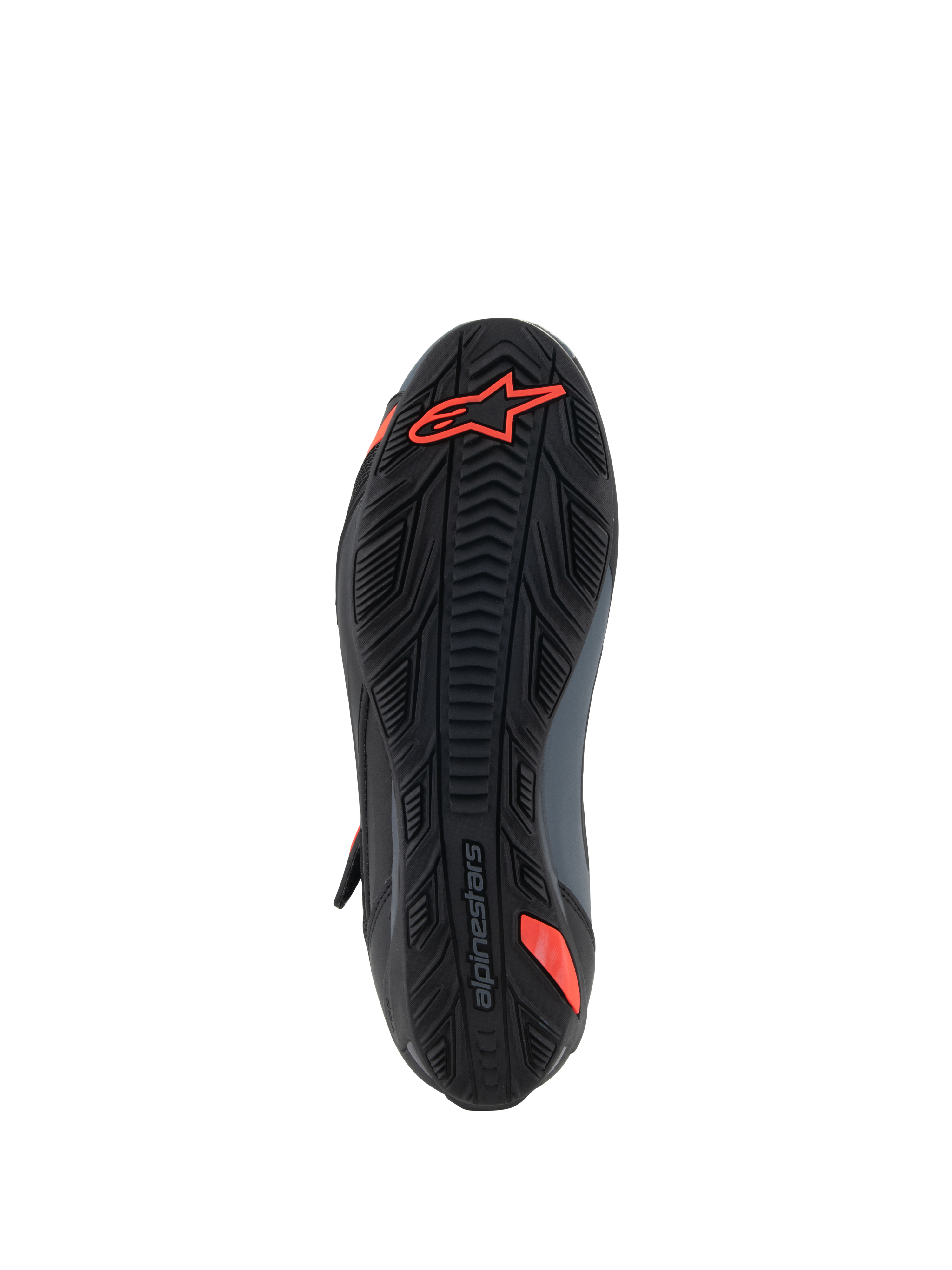 Scarpe Alpinestars Faster-4, scarpe da moto, nero e rosso fluo, vista dal basso che mostra la suola in gomma testurizzata con logo Astars rosso e marchio in rilievo, progettata per aderenza e durata.