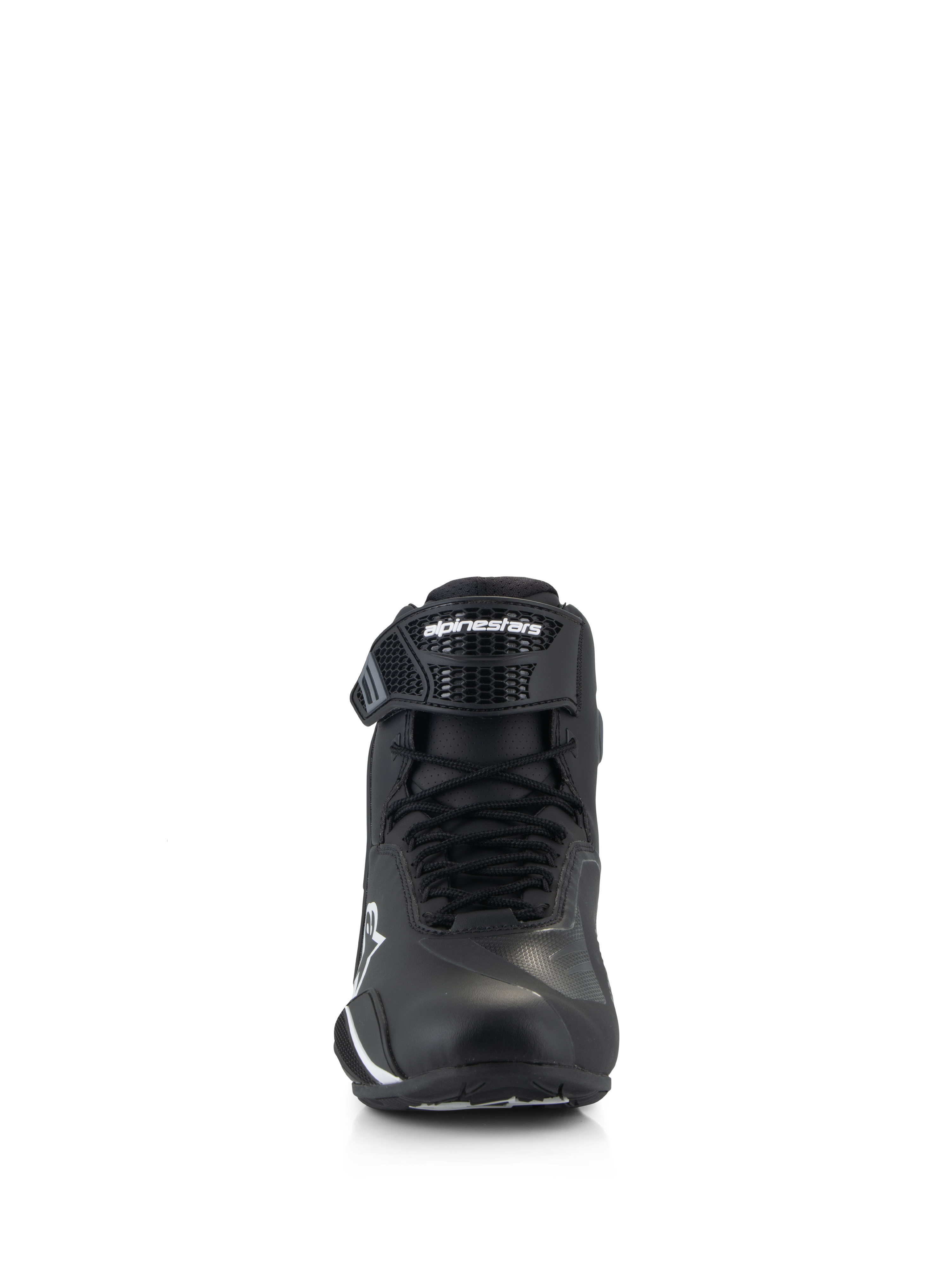 Alpinestars Faster-4, scarpe da moto, nero e bianco, vista frontale che mostra la chiusura con lacci e il cinturino regolabile in TPR sulla caviglia con logo Alpinestars, design profilato e protettivo per la guida su strada