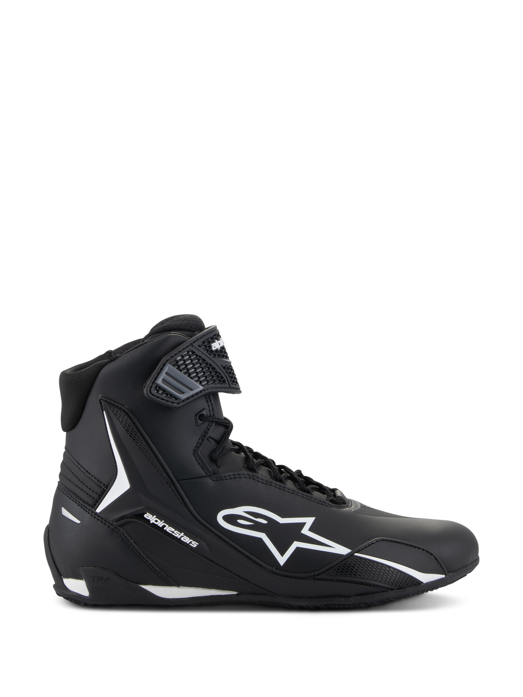 Alpinestars Faster-4 Shoes, scarpe da moto nere e bianche, vista laterale del design a collo alto con logo a stella bianco, cinturino alla caviglia testurizzato, chiusura con lacci, tomaia in microfibra elegante, calzature ad alte prestazioni d'ispirazione racing