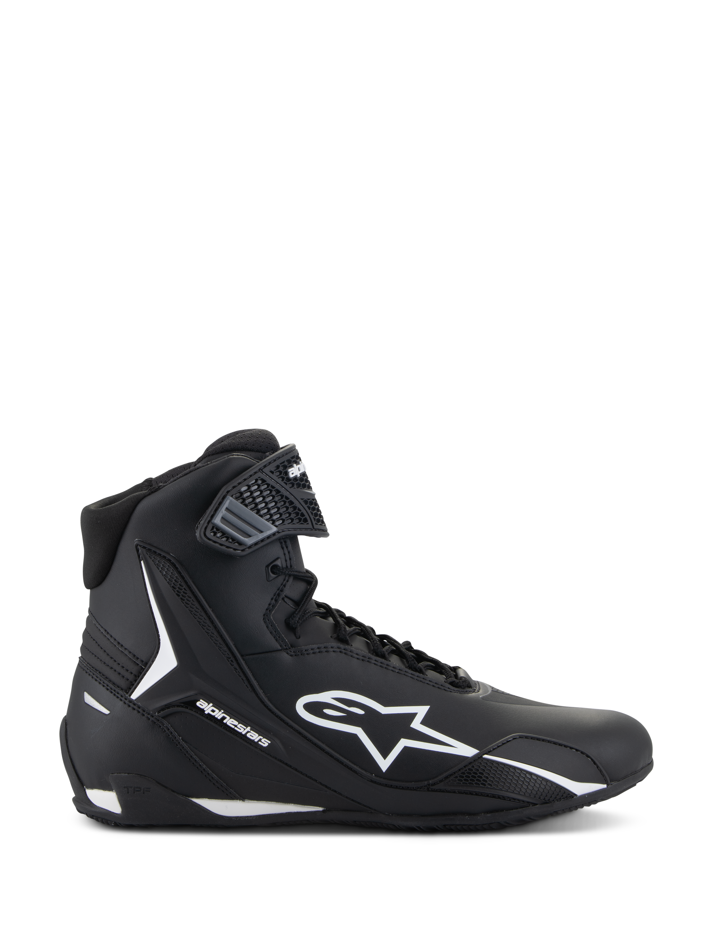Alpinestars Faster-4 Shoes, scarpe da moto nere e bianche, vista laterale del design a collo alto con logo a stella bianco, cinturino alla caviglia testurizzato, chiusura con lacci, tomaia in microfibra elegante, calzature ad alte prestazioni d'ispirazione racing