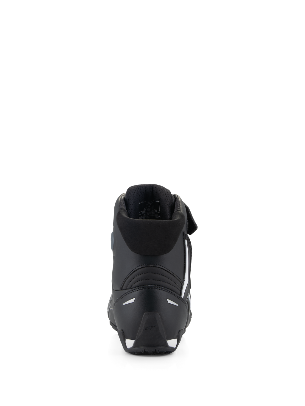 Alpinestars Scarpe Faster-4, scarpe da moto, nero, vista posteriore con contrafforte del tallone in TPR, colletto in morbido tessuto e accenti bianchi su tallone e suola, calzatura protettiva ad alte prestazioni