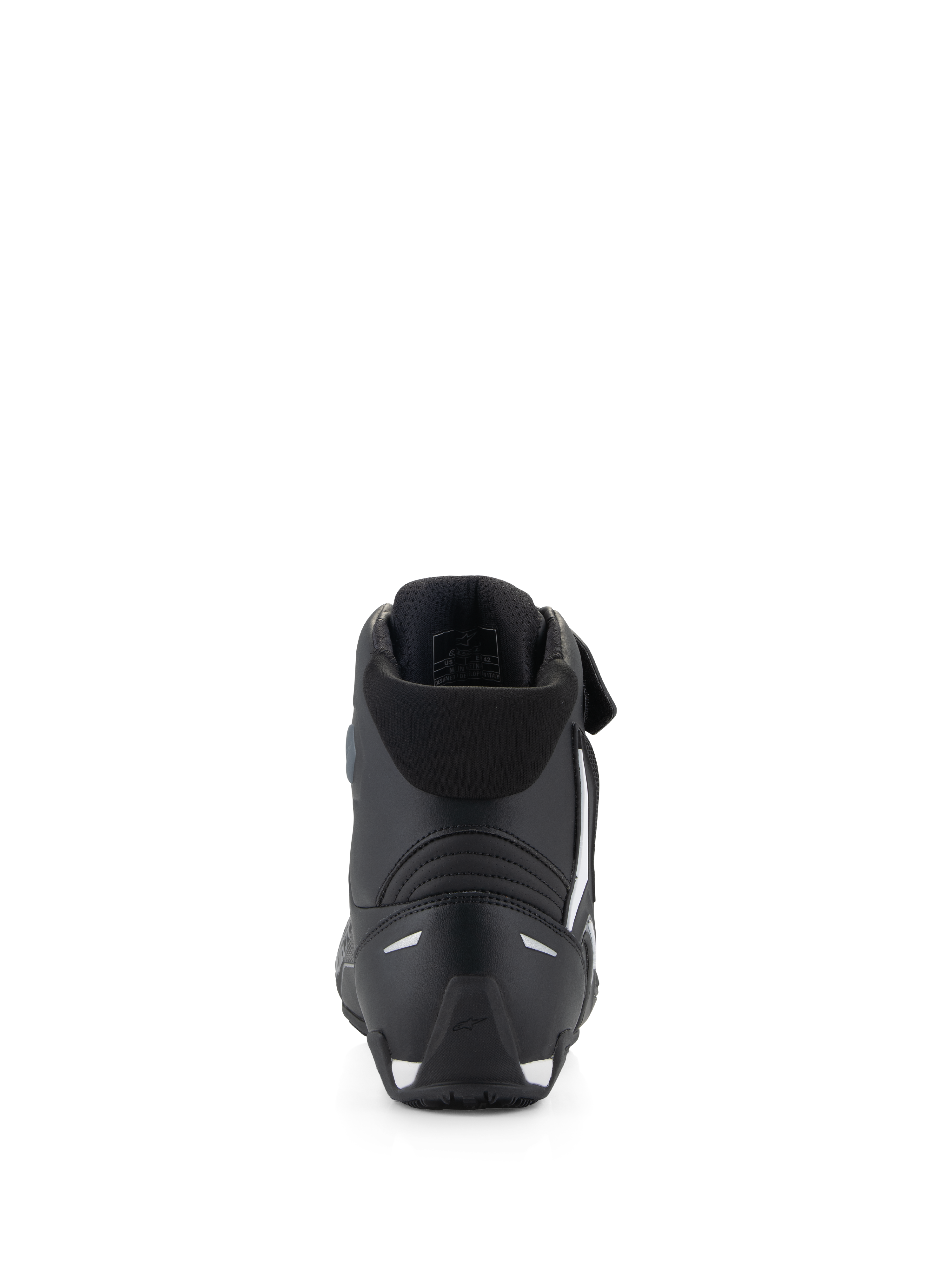 Alpinestars Scarpe Faster-4, scarpe da moto, nero, vista posteriore con contrafforte del tallone in TPR, colletto in morbido tessuto e accenti bianchi su tallone e suola, calzatura protettiva ad alte prestazioni