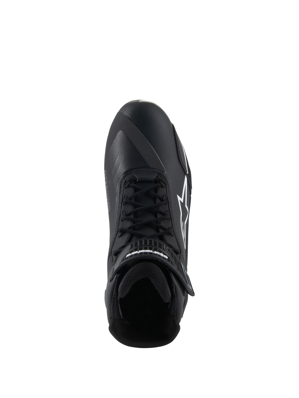 Scarpe Alpinestars Faster-4, scarpe da moto, nero e bianco, vista dall'alto con chiusura a lacci, cinturino a strappo sulla caviglia e logo Alpinestars bianco sul lato