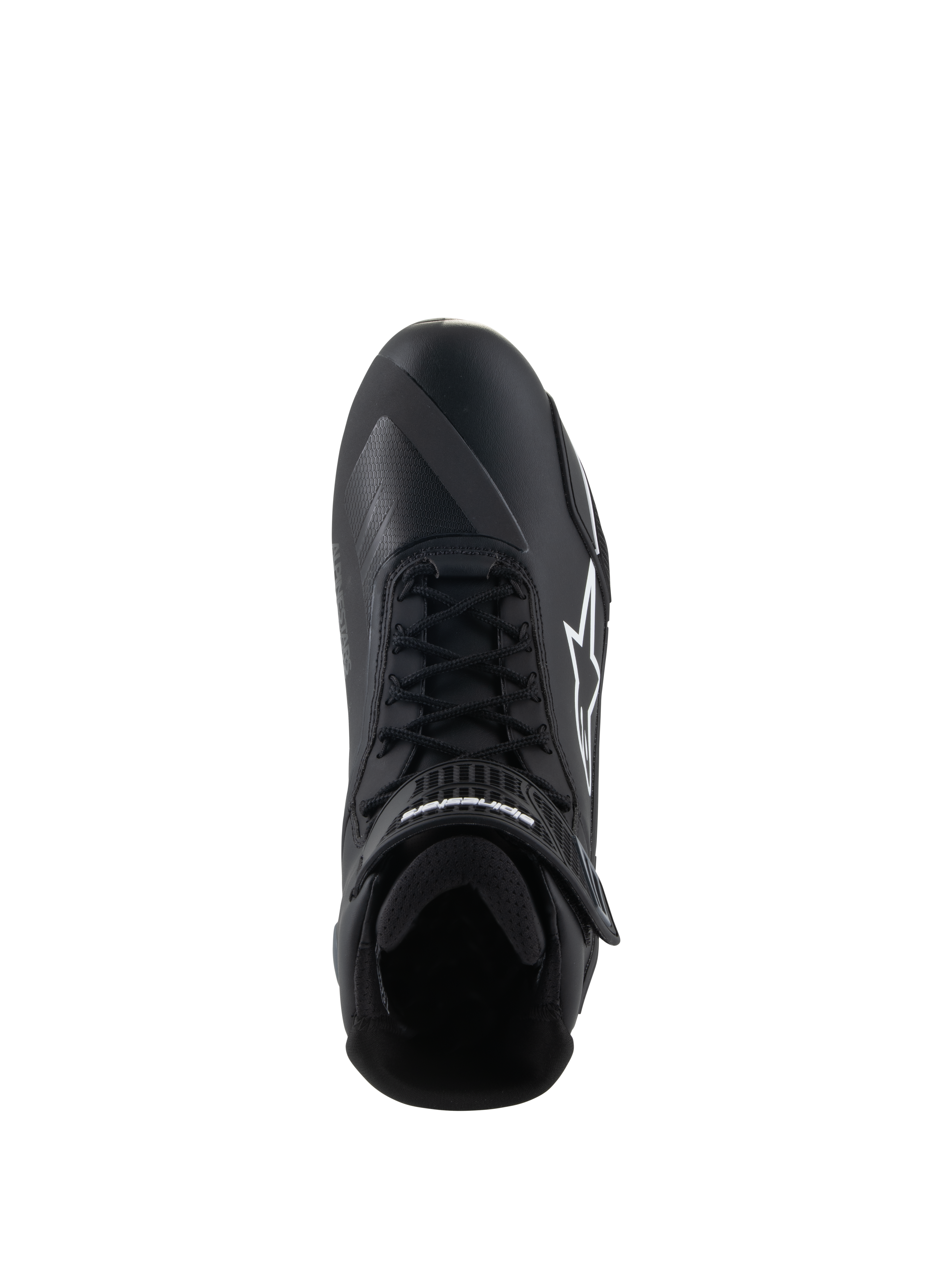 Scarpe Alpinestars Faster-4, scarpe da moto, nero e bianco, vista dall'alto con chiusura a lacci, cinturino a strappo sulla caviglia e logo Alpinestars bianco sul lato