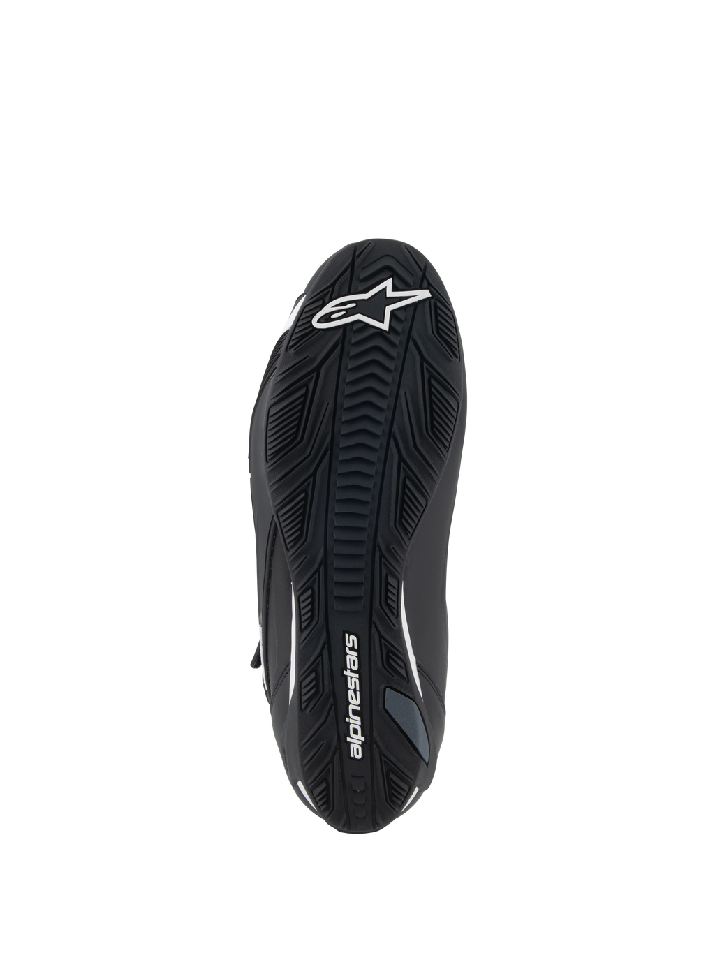 Scarpe Alpinestars Faster-4, scarpe da moto, nero e bianco, vista della suola in gomma testurizzata con logo Alpinestars a stella bianco sulla punta e marchio sull'arco plantare, suola ad alta aderenza per prestazioni su strada