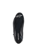 Scarpe Alpinestars Faster-4, scarpe da moto, nero e bianco, vista della suola in gomma testurizzata con logo Alpinestars a stella bianco sulla punta e marchio sull'arco plantare, suola ad alta aderenza per prestazioni su strada