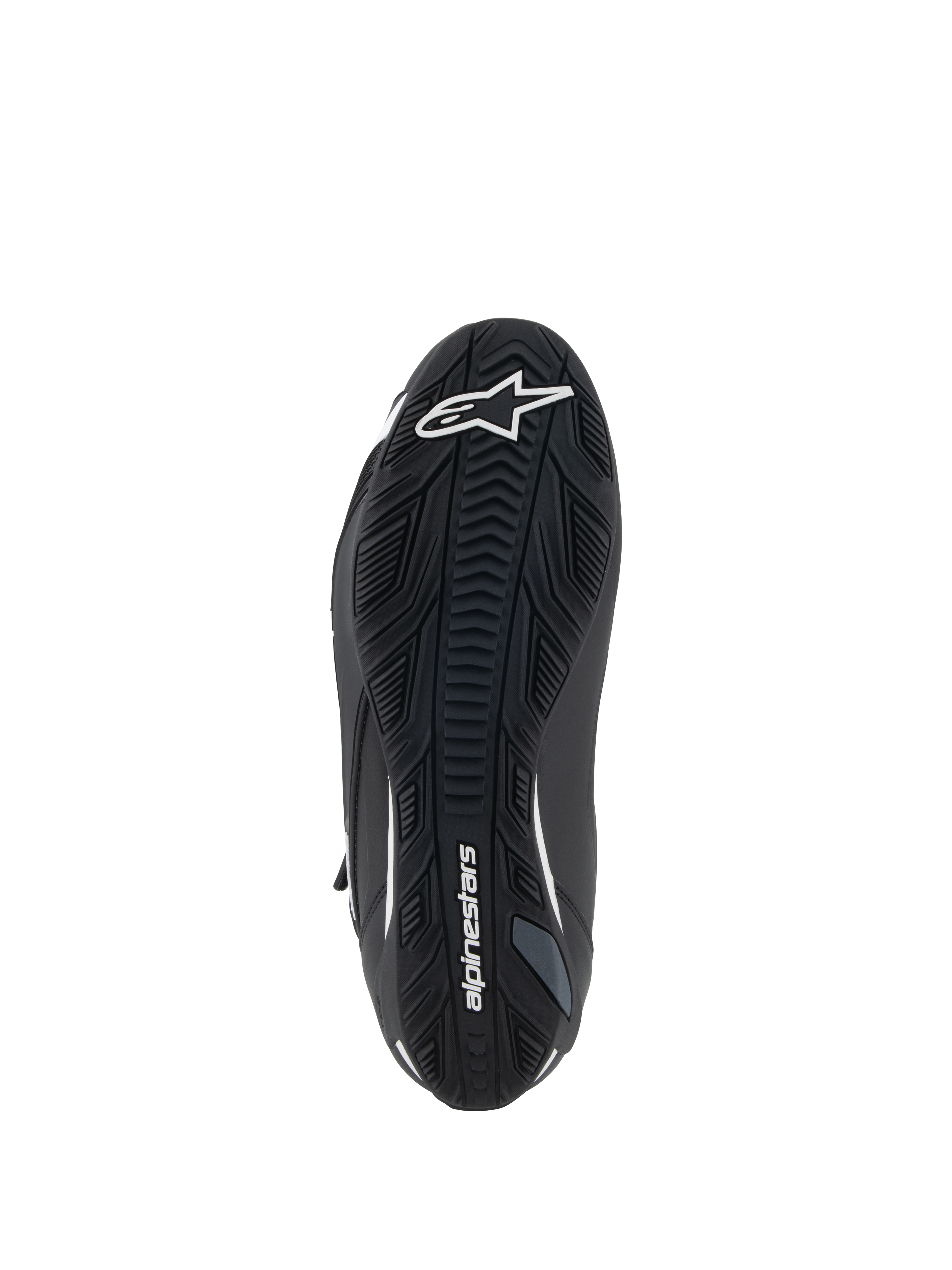 Scarpe Alpinestars Faster-4, scarpe da moto, nero e bianco, vista della suola in gomma testurizzata con logo Alpinestars a stella bianco sulla punta e marchio sull'arco plantare, suola ad alta aderenza per prestazioni su strada
