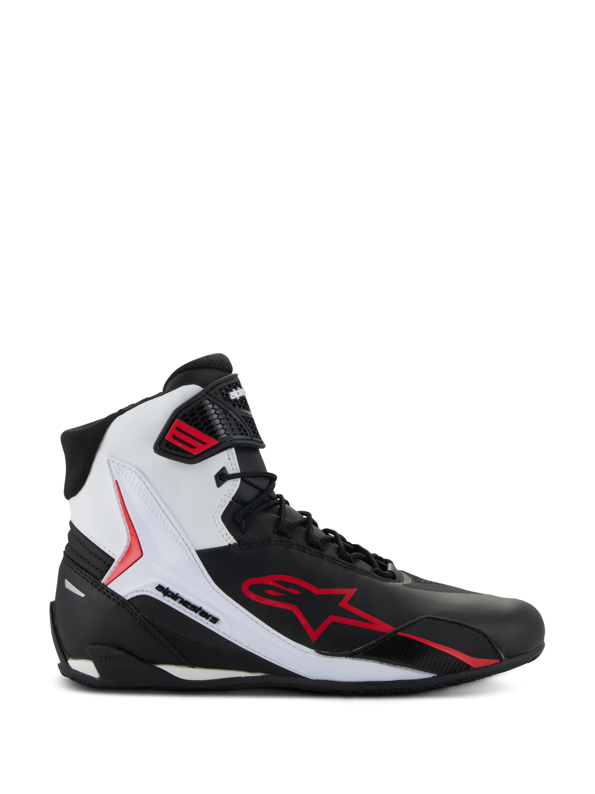 Alpinestars Faster-4 Shoes, scarpe da moto a collo alto, nero, bianco e rosso, con un grande logo a stella rossa, pannello laterale bianco con branding Alpinestars e design sportivo per la guida su strada