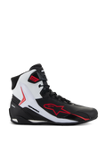 Alpinestars Faster-4 Shoes, scarpe da moto a collo alto, nero, bianco e rosso, con un grande logo a stella rossa, pannello laterale bianco con branding Alpinestars e design sportivo per la guida su strada