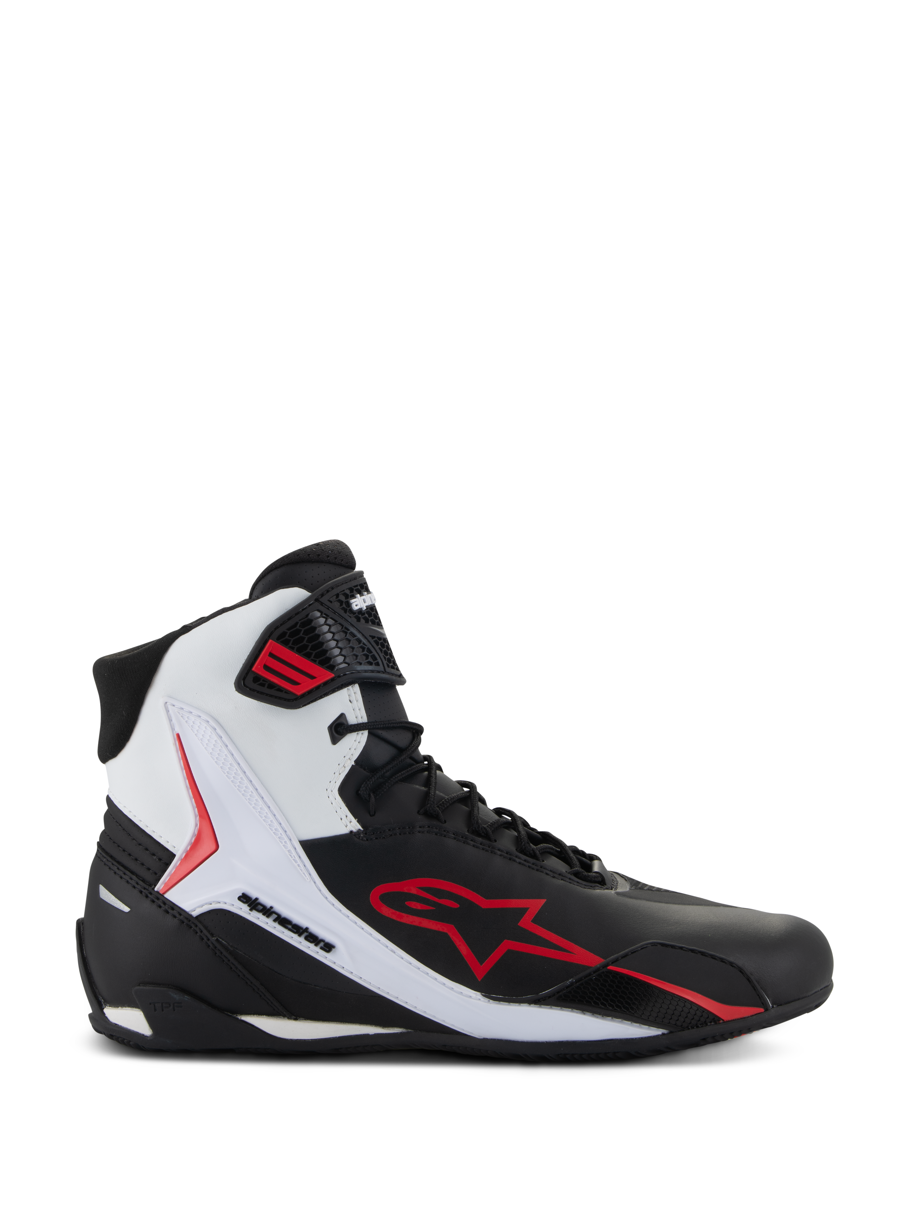 Alpinestars Faster-4 Shoes, scarpe da moto a collo alto, nero, bianco e rosso, con un grande logo a stella rossa, pannello laterale bianco con branding Alpinestars e design sportivo per la guida su strada
