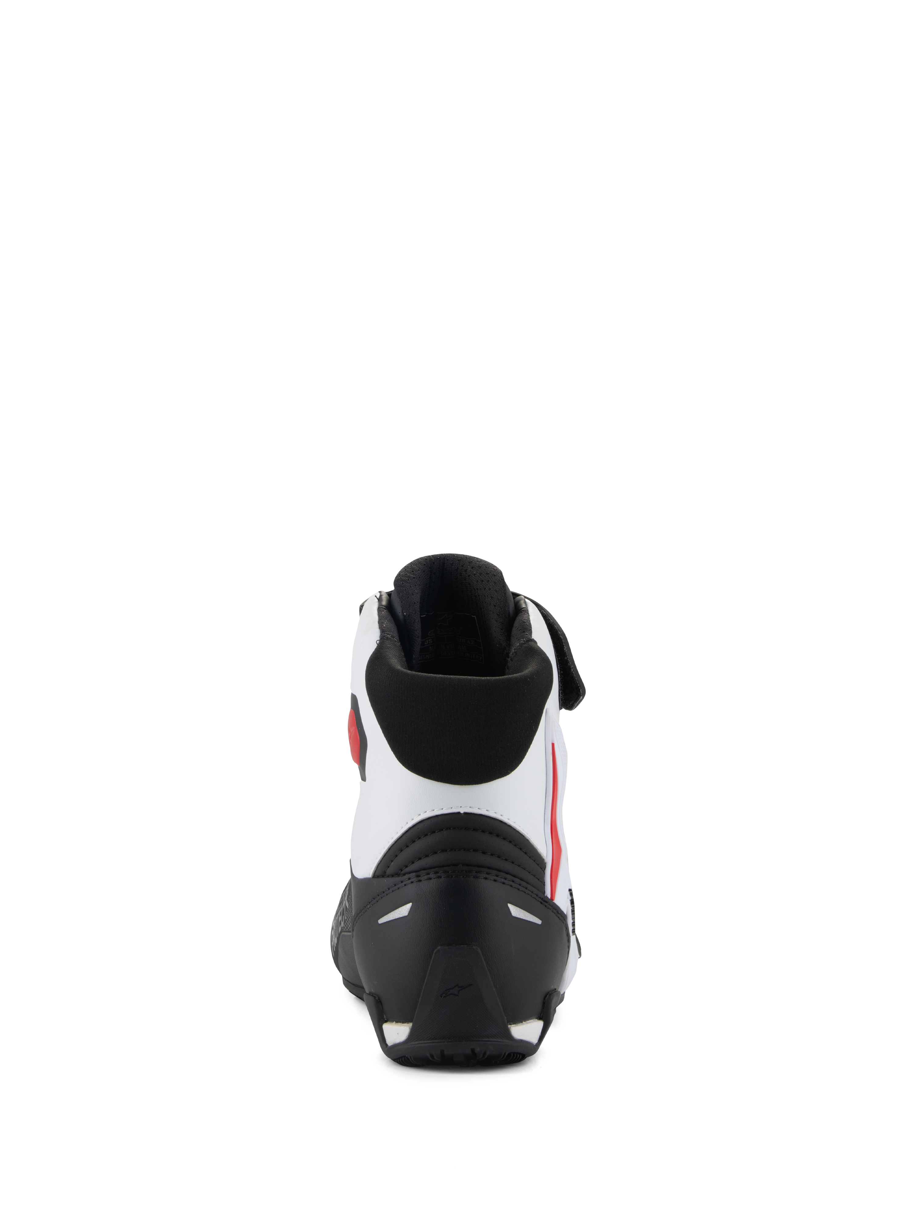 Scarpe Alpinestars Faster-4, vista posteriore, nero, bianco e rosso, con contrafforte al tallone in TPR nero, tomaia in microfibra bianca con accenti rossi e colletto imbottito nero, calzature tecniche da moto