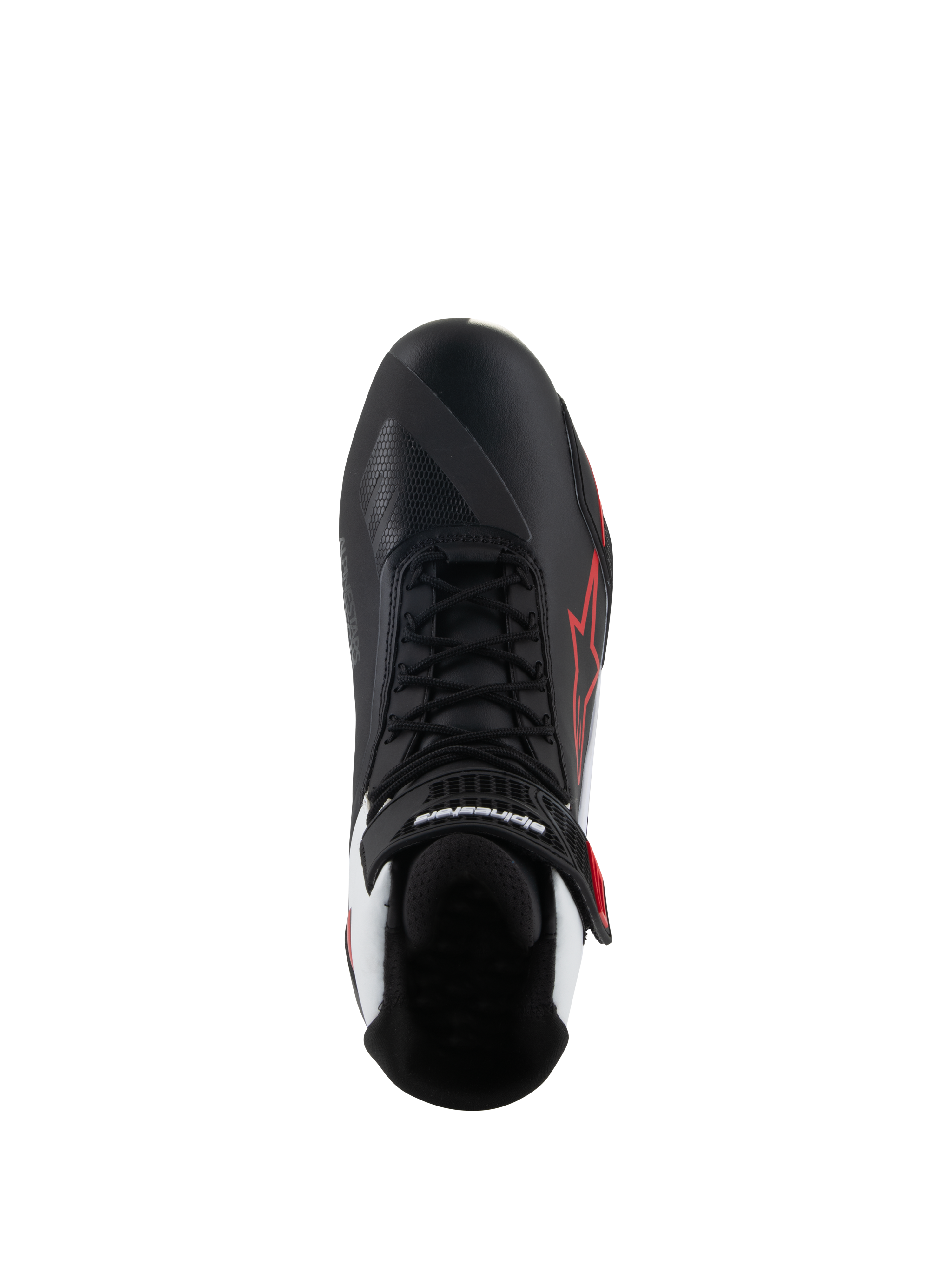 Scarpe Alpinestars Faster-4, scarpe da moto, nero bianco rosso, vista dall'alto con lacci neri e cinturino in velcro sulla caviglia, logo a stella Alpinestars rosso sul lato laterale, accenti bianchi sul tallone, design della punta asimmetrico per il cambio
