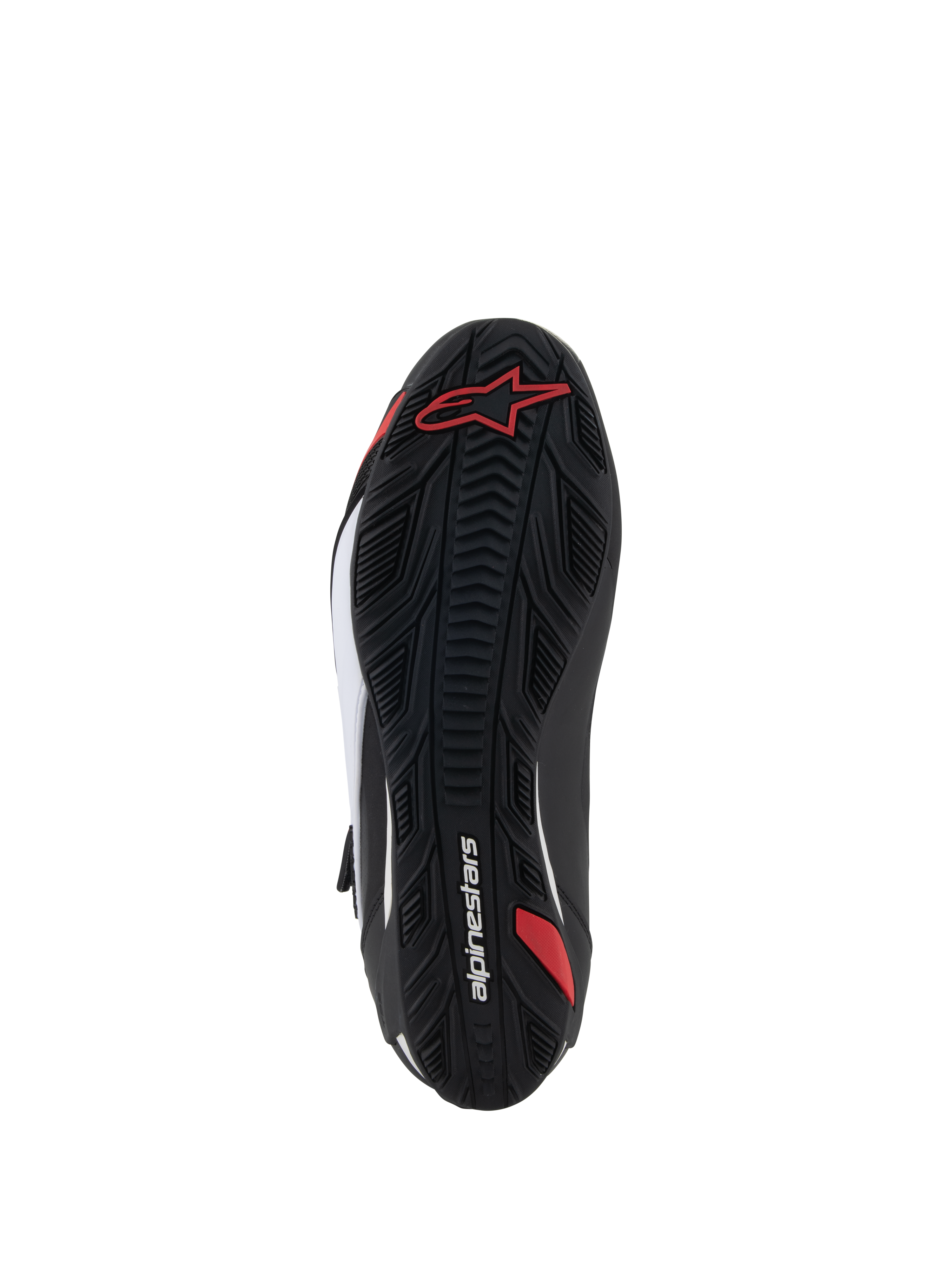 Scarpe Alpinestars Faster-4, scarpe da moto, vista della suola, gomma nera con motivo grip testurizzato, logo Alpinestars rosso e branding bianco, progettate per la guida su strada e sportiva