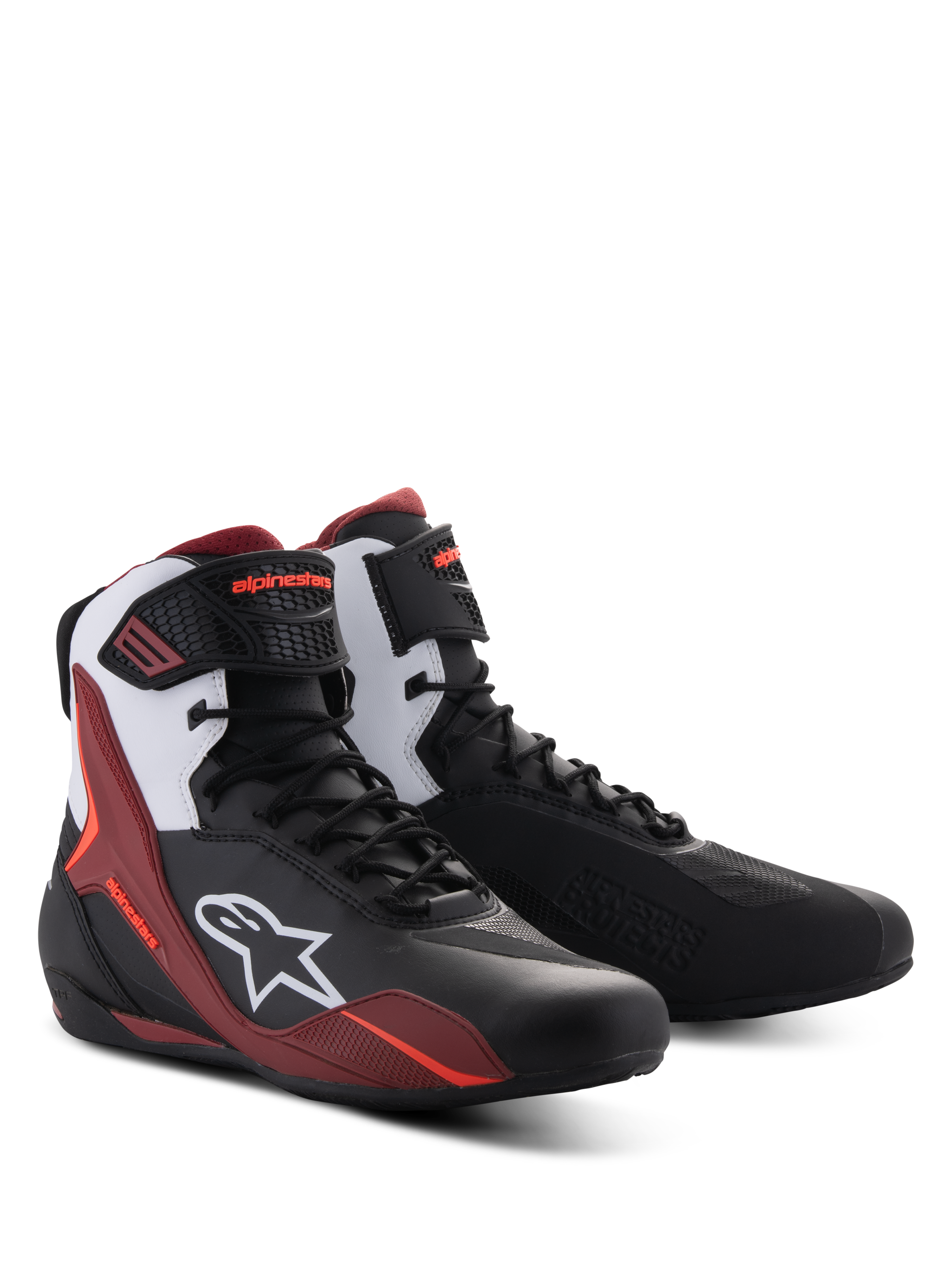 Scarpe Alpinestars Faster-4, scarpe da moto, nero, bianco e rosso scuro, con chiusura a lacci e cinturino sulla caviglia, logo Alpinestars bianco sul lato, design sportivo con protezione rinforzata per la guida su strada