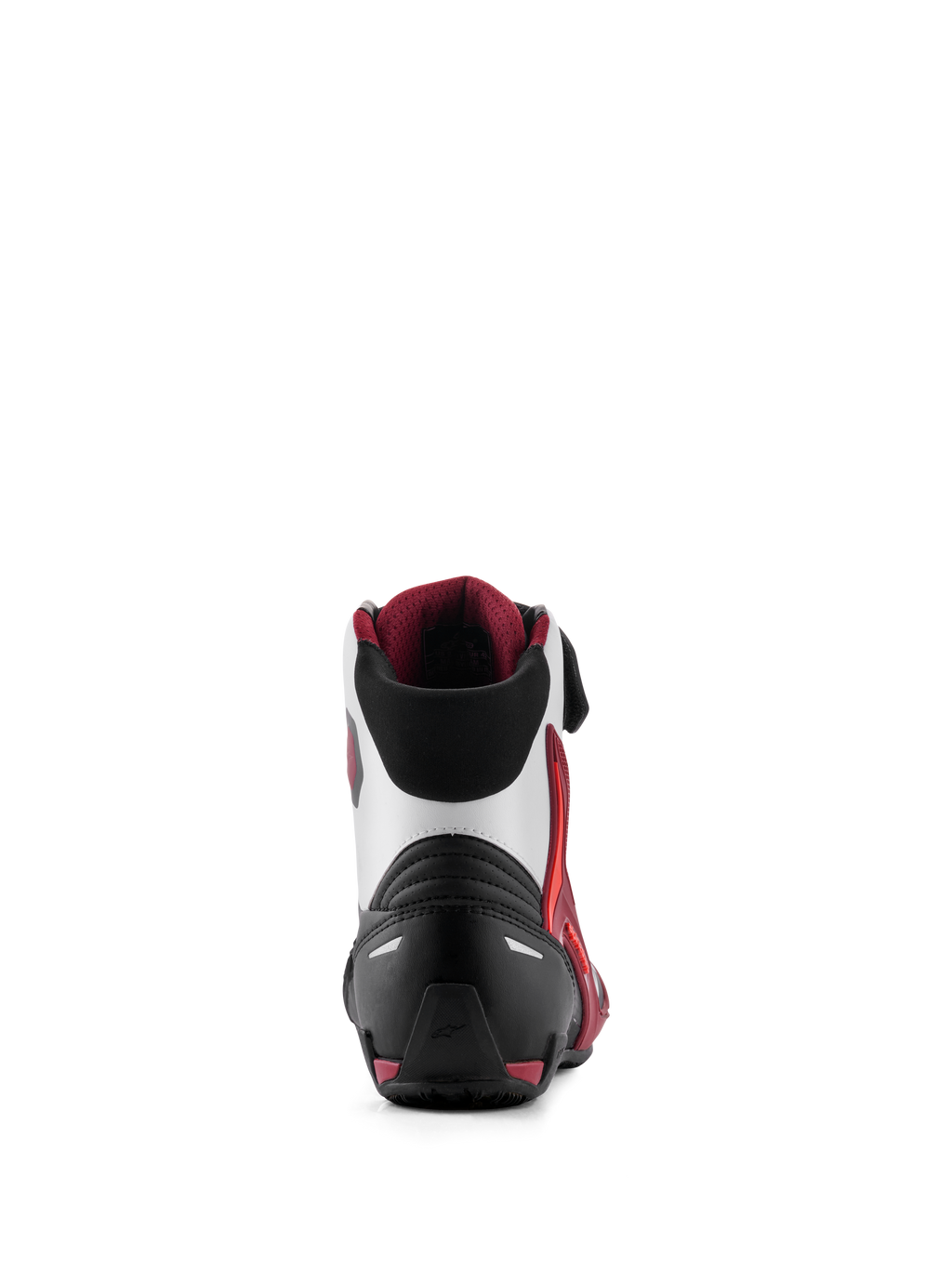 Scarpe Alpinestars Faster-4, scarpe da moto, nero bianco e rosso scuro, vista posteriore con contrafforte del tallone rinforzato, supporto caviglia in TPU e colletto in morbido tessuto, calzature tecniche per guida su strada