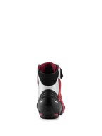 Scarpe Alpinestars Faster-4, scarpe da moto, nero bianco e rosso scuro, vista posteriore con contrafforte del tallone rinforzato, supporto caviglia in TPU e colletto in morbido tessuto, calzature tecniche per guida su strada