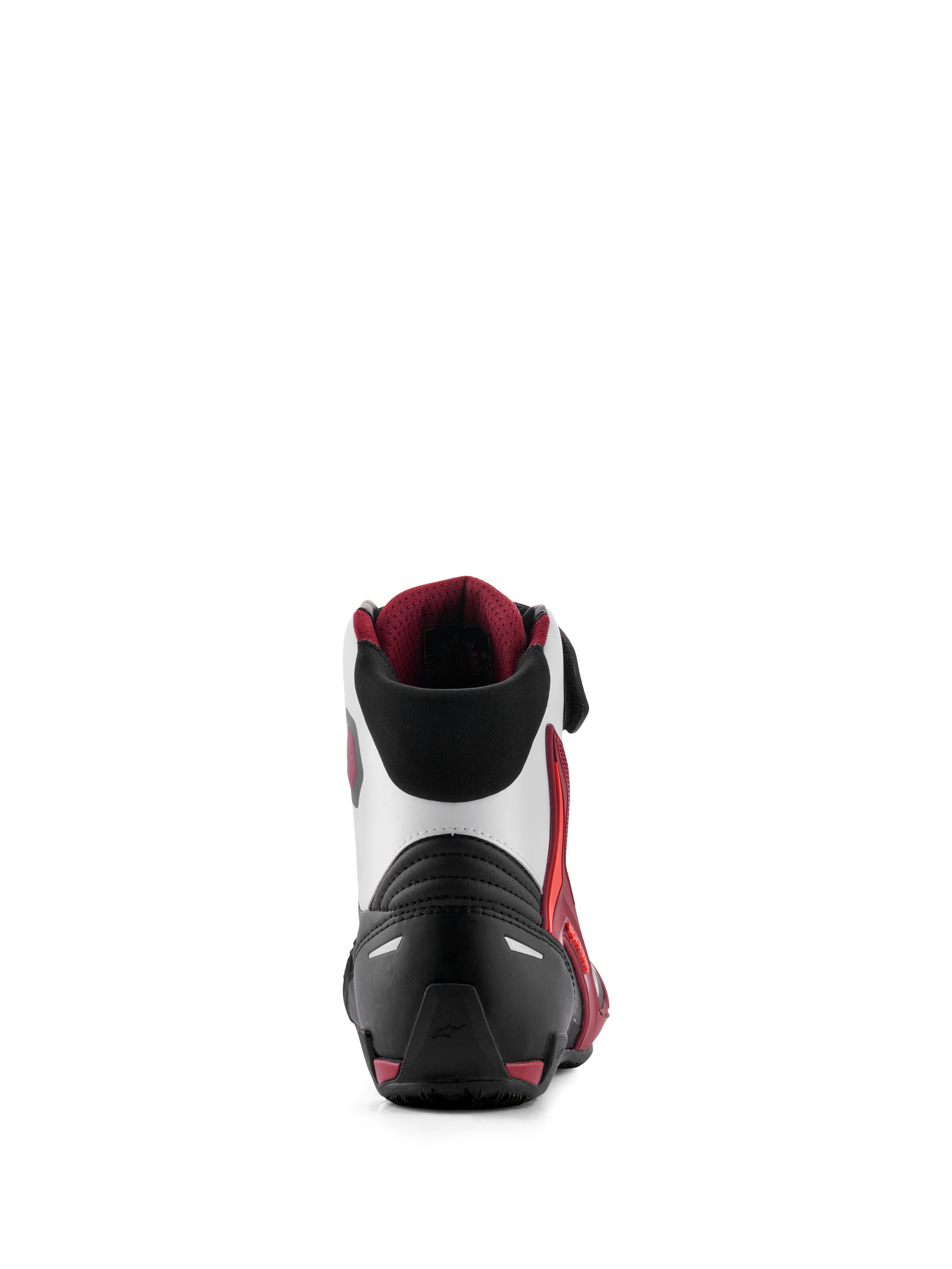 Scarpe Alpinestars Faster-4, scarpe da moto, nero bianco e rosso scuro, vista posteriore con contrafforte del tallone rinforzato, supporto caviglia in TPU e colletto in morbido tessuto, calzature tecniche per guida su strada
