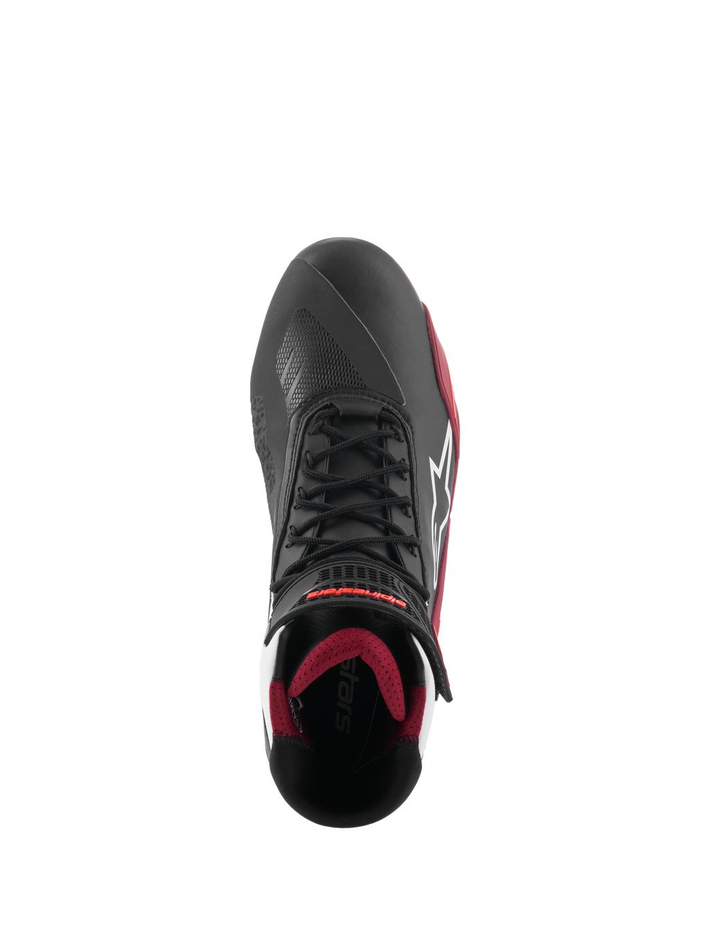 Scarpe Alpinestars Faster-4, scarpe da moto, nero, bianco e rosso scuro, vista dall'alto con chiusura tradizionale a lacci, logo Alpinestars a stella bianco e fodera interna imbottita rosso scuro