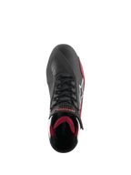 Scarpe Alpinestars Faster-4, scarpe da moto, nero, bianco e rosso scuro, vista dall'alto con chiusura tradizionale a lacci, logo Alpinestars a stella bianco e fodera interna imbottita rosso scuro