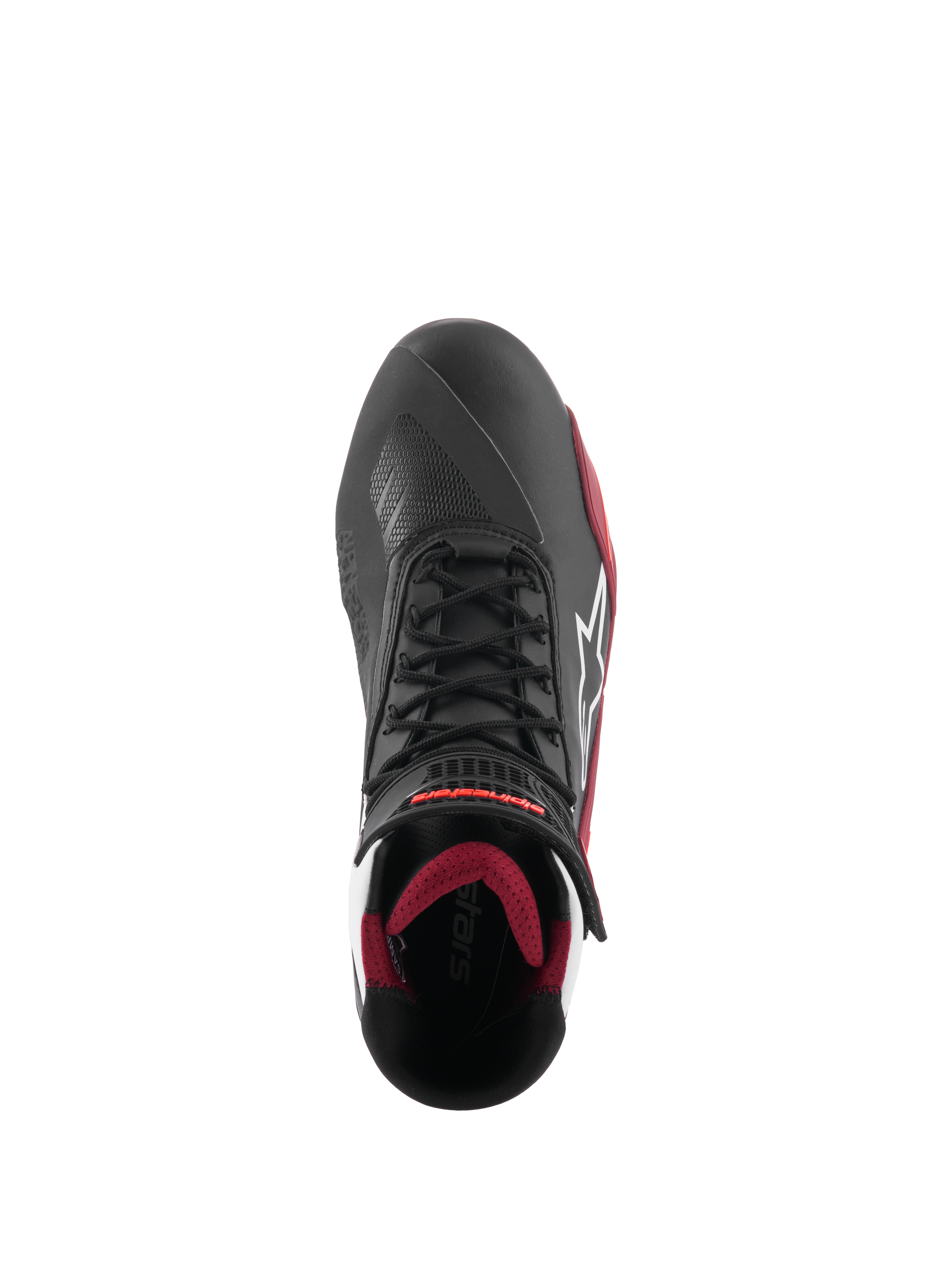 Scarpe Alpinestars Faster-4, scarpe da moto, nero, bianco e rosso scuro, vista dall'alto con chiusura tradizionale a lacci, logo Alpinestars a stella bianco e fodera interna imbottita rosso scuro
