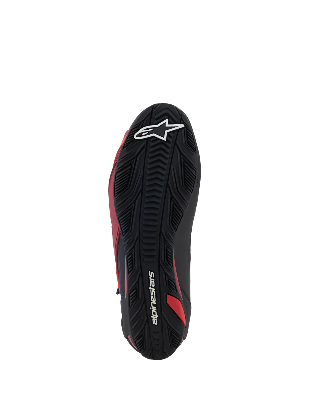 Scarpe Alpinestars Faster-4, scarpe da moto, nero, bianco e rosso scuro, vista dal basso della suola in gomma testurizzata, con logo a stella bianco e scritta Alpinestars, motivo di grip durevole per la guida su strada prestazionale