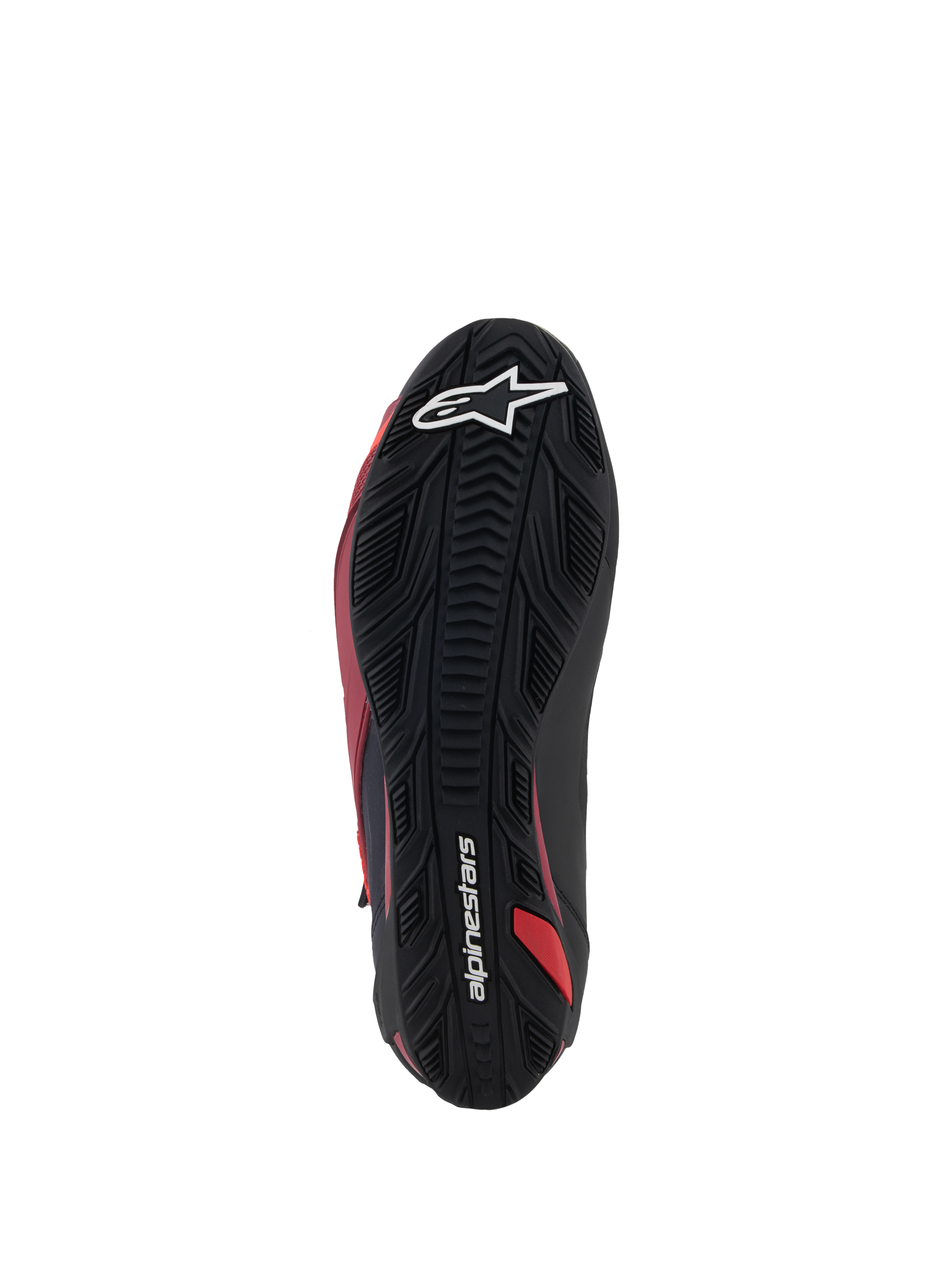 Scarpe Alpinestars Faster-4, scarpe da moto, nero, bianco e rosso scuro, vista dal basso della suola in gomma testurizzata, con logo a stella bianco e scritta Alpinestars, motivo di grip durevole per la guida su strada prestazionale