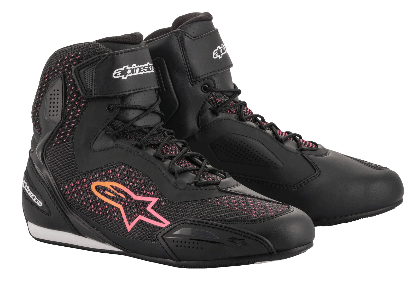 Alpinestars Stella Faster-3 Rideknit® Shoes da donna, scarpe da moto, nero con accenti gialli e rosa, tomaia in maglia traspirante, chiusura con lacci e cinturino in velcro alla caviglia, pannelli protettivi rinforzati