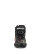 Scarpe Alpinestars Stella Faster-3 Rideknit® da donna, nero, giallo e rosa, vista frontale con costruzione in maglia senza cuciture, lacci e cinturino in velcro sulla caviglia con logo Alpinestars bianco, calzature da moto leggere