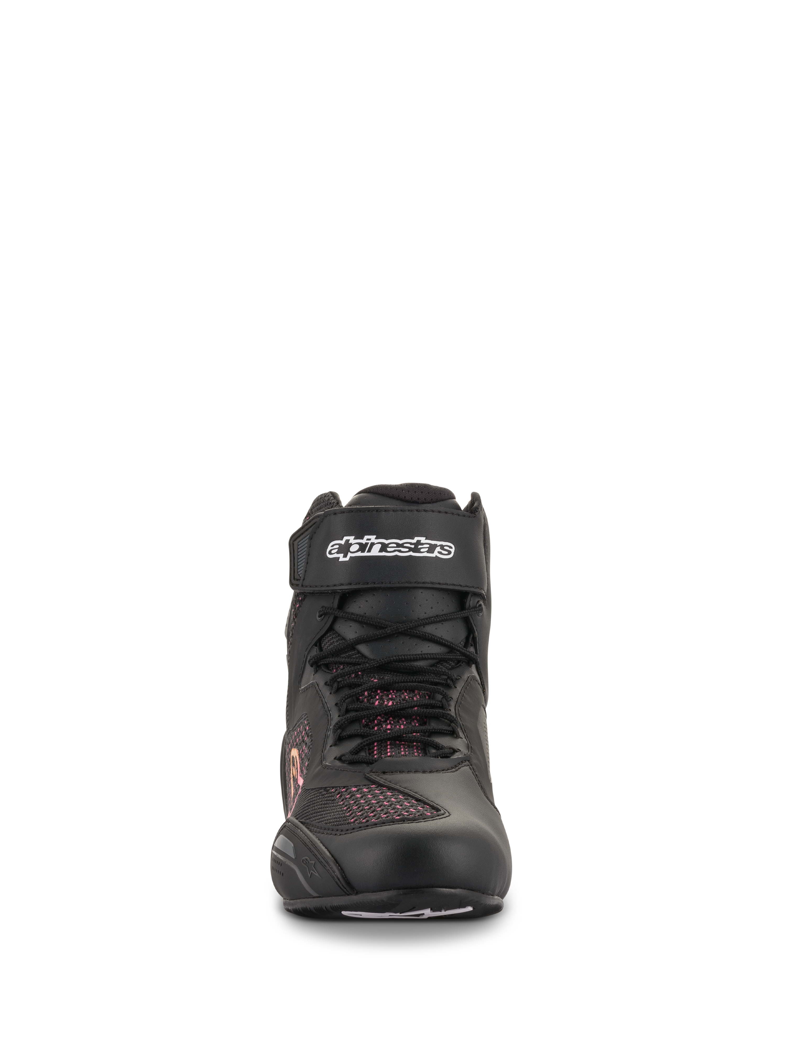 Scarpe Alpinestars Stella Faster-3 Rideknit® da donna, nero, giallo e rosa, vista frontale con costruzione in maglia senza cuciture, lacci e cinturino in velcro sulla caviglia con logo Alpinestars bianco, calzature da moto leggere
