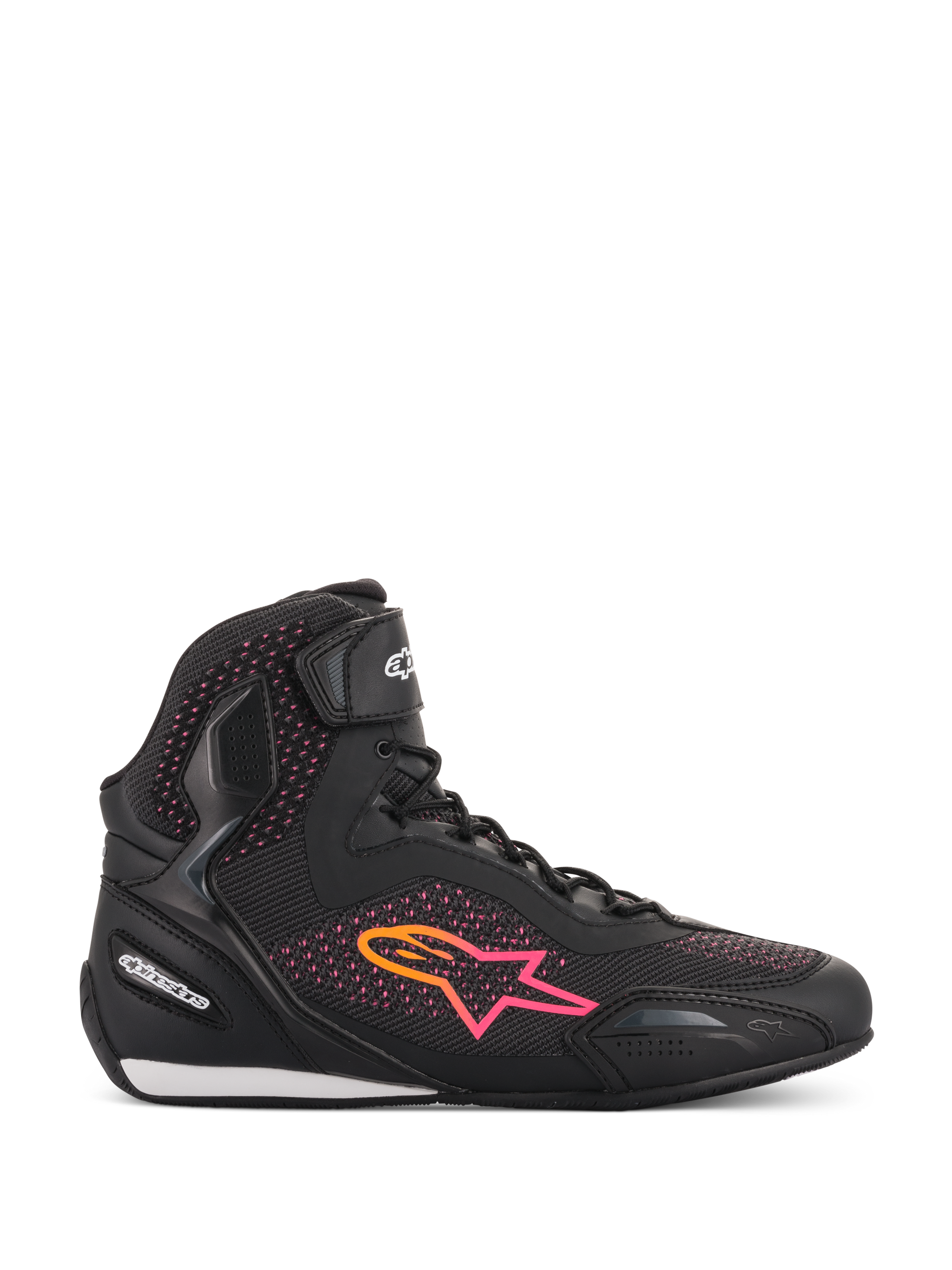 Scarpe Alpinestars Stella Faster-3 Rideknit® da donna, scarpe da moto, nero, giallo e rosa, profilo laterale con tomaia in maglia traspirante, logo a stella con sfumatura vivace e cinturino a strappo sulla caviglia.