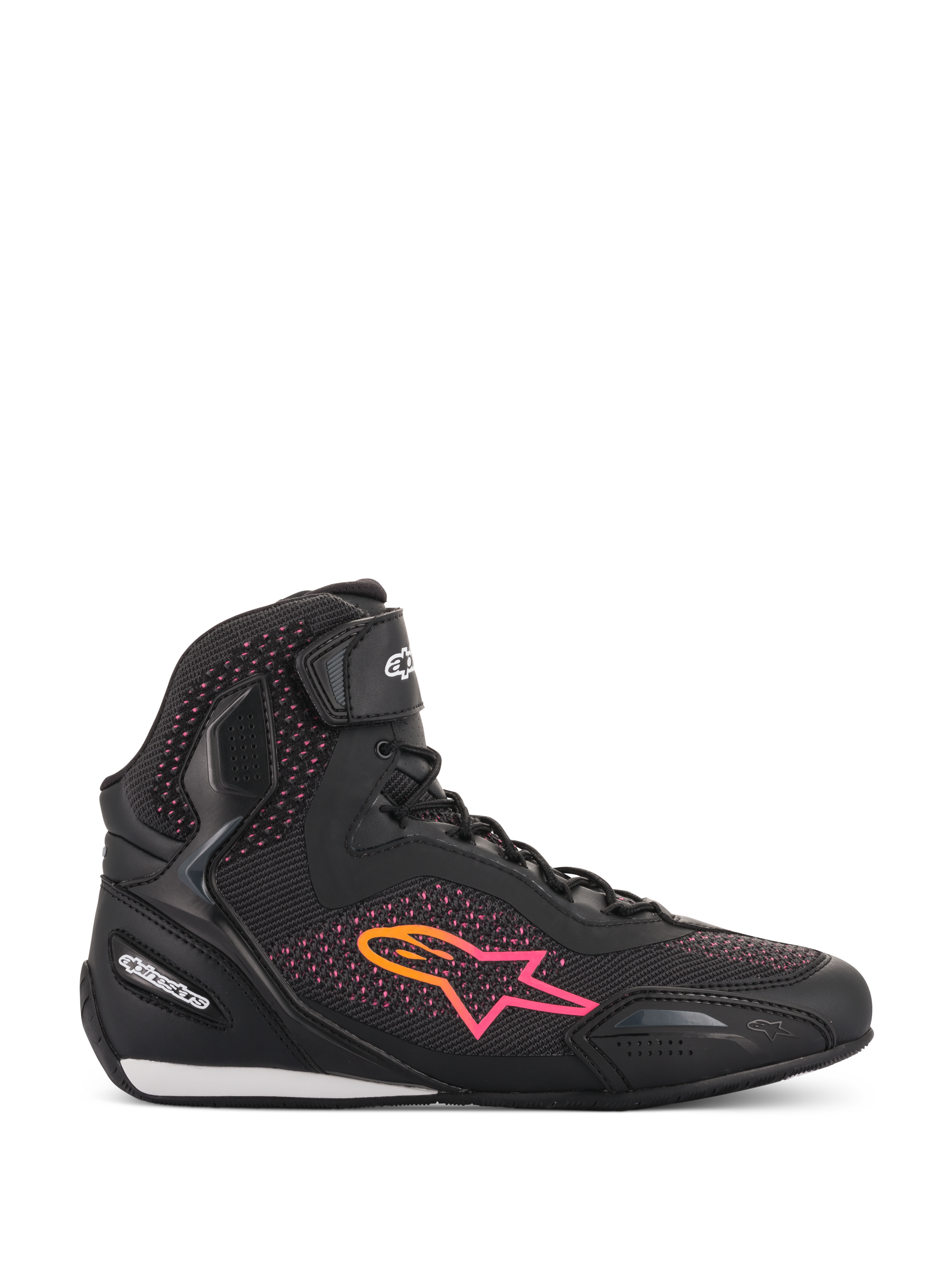 Scarpe Alpinestars Stella Faster-3 Rideknit® da donna, scarpe da moto, nero, giallo e rosa, profilo laterale con tomaia in maglia traspirante, logo a stella con sfumatura vivace e cinturino a strappo sulla caviglia.