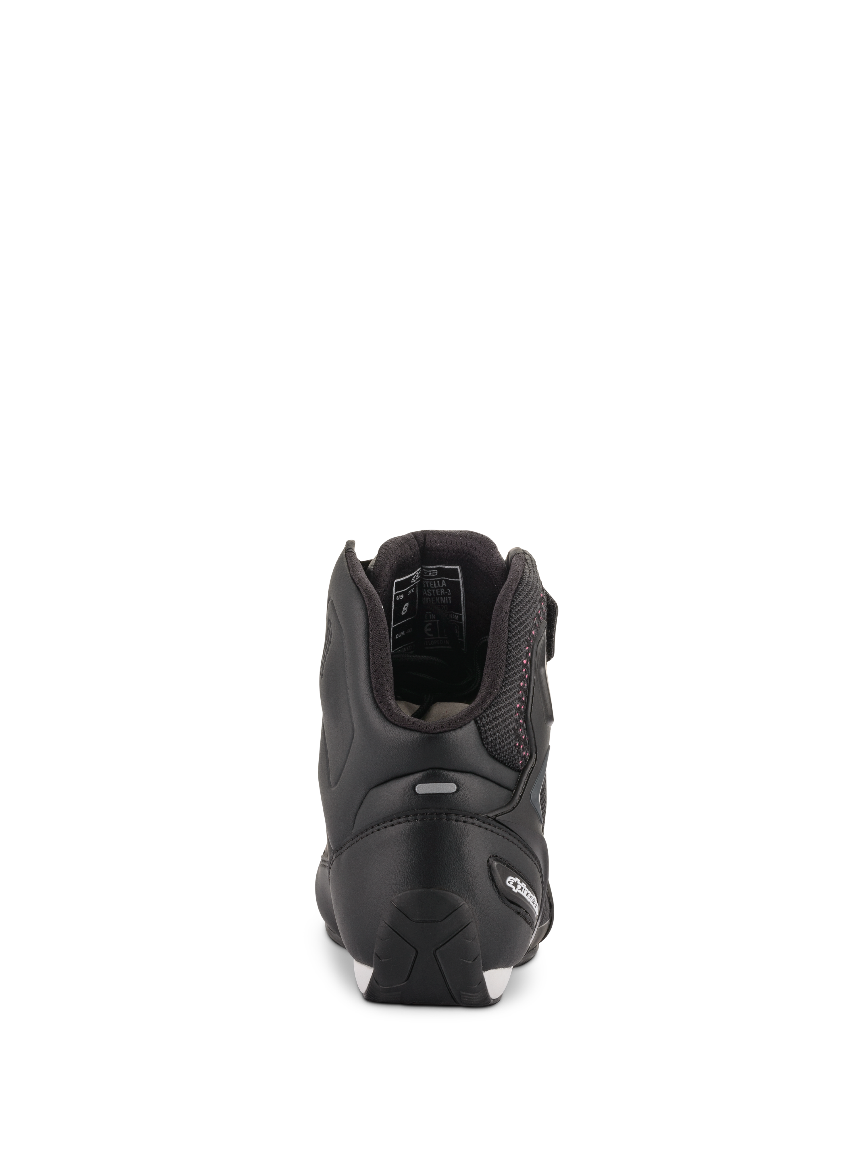 Scarpe Alpinestars Stella Faster-3 Rideknit® da donna, nero con dettagli rosa, vista posteriore che mostra la protezione del tallone e la striscia riflettente, calzatura tecnica da moto alta in materiale a maglia traspirante