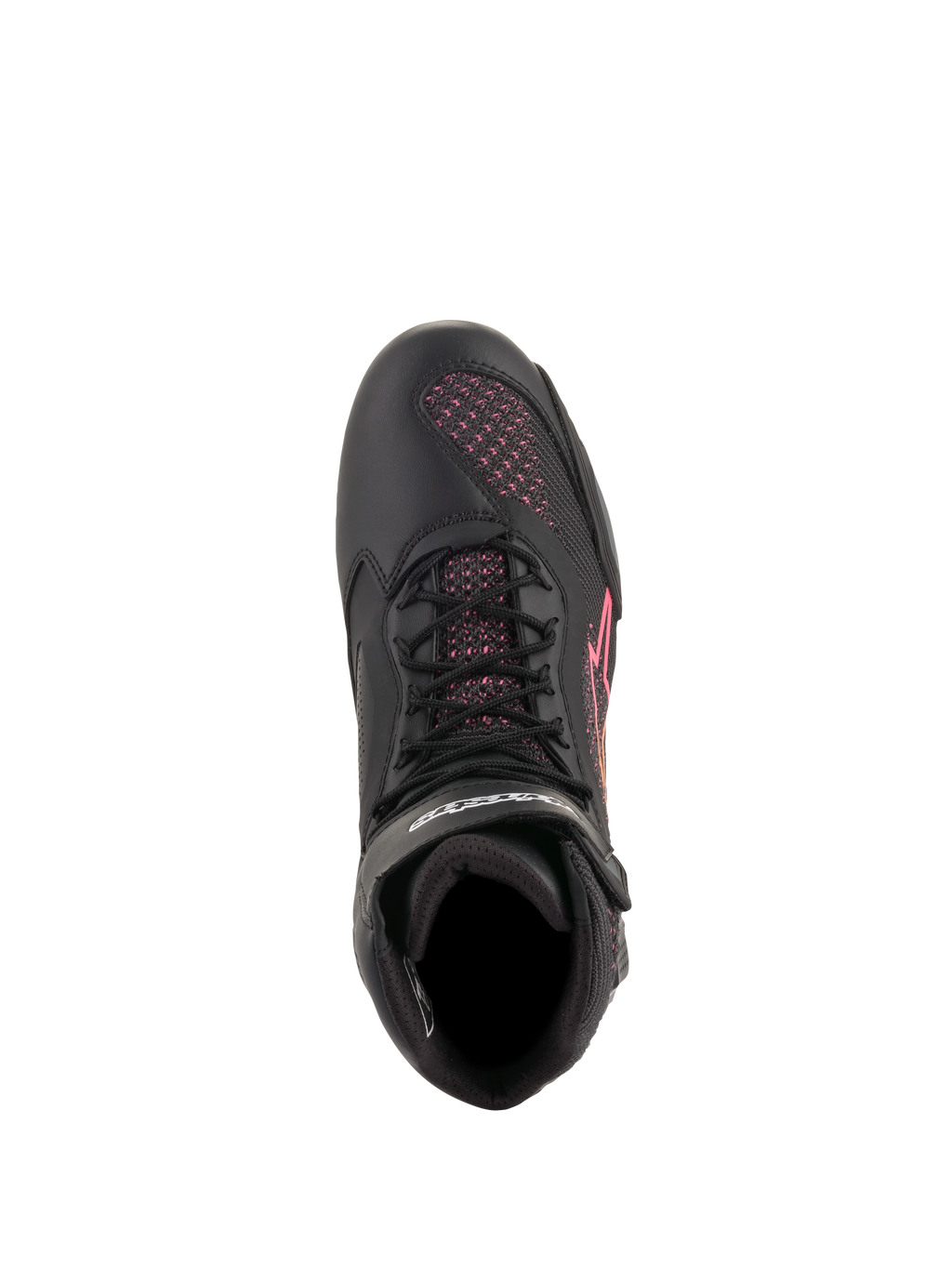 Scarpe Alpinestars Stella Faster-3 Rideknit® da donna, scarpe da moto, nero, giallo e rosa, vista dall'alto con lacci neri e pannelli in maglia mesh rosa, calzatura sportiva leggera e traspirante
