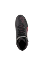 Scarpe Alpinestars Stella Faster-3 Rideknit® da donna, scarpe da moto, nero, giallo e rosa, vista dall'alto con lacci neri e pannelli in maglia mesh rosa, calzatura sportiva leggera e traspirante