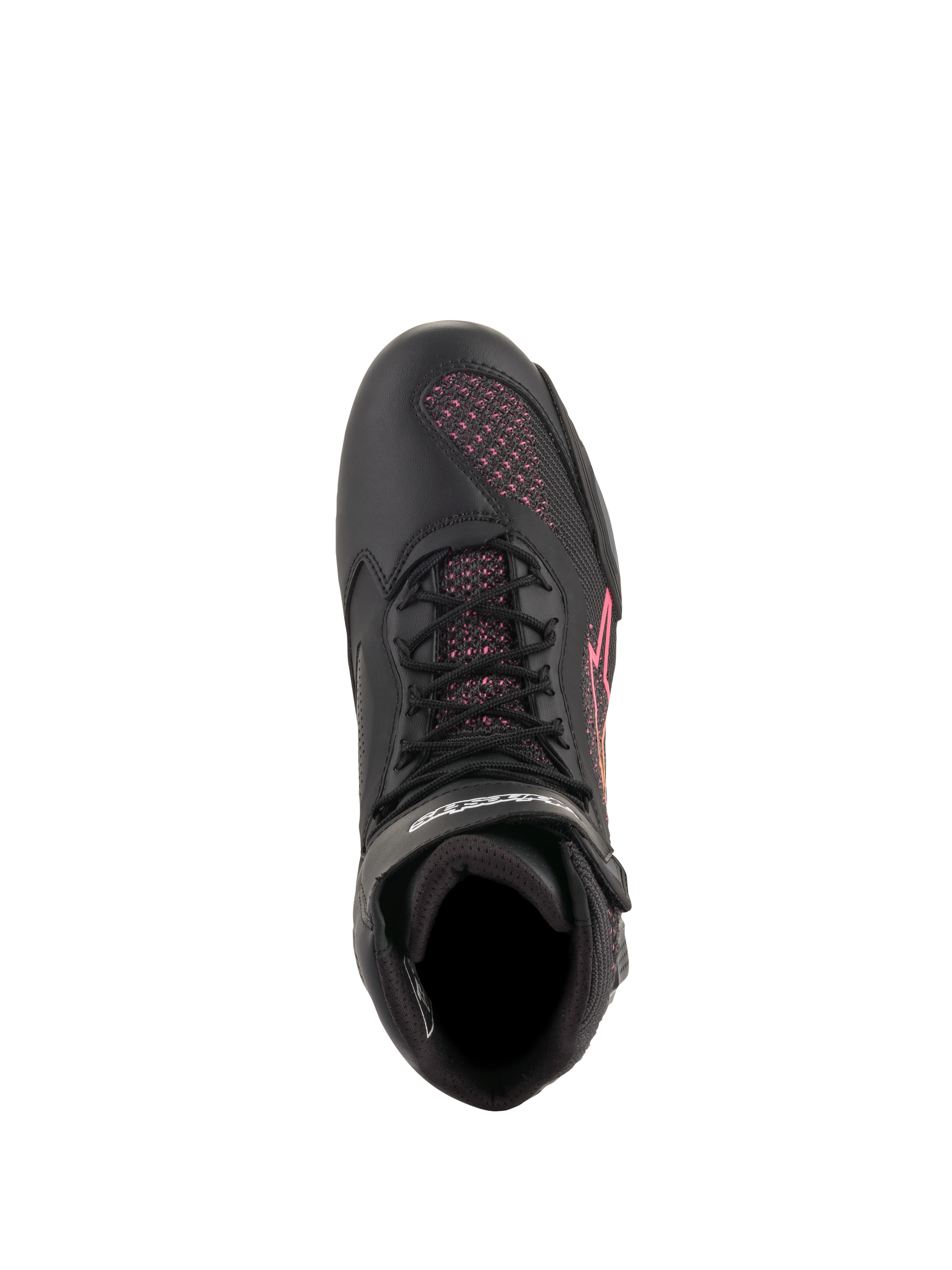 Scarpe Alpinestars Stella Faster-3 Rideknit® da donna, scarpe da moto, nero, giallo e rosa, vista dall'alto con lacci neri e pannelli in maglia mesh rosa, calzatura sportiva leggera e traspirante