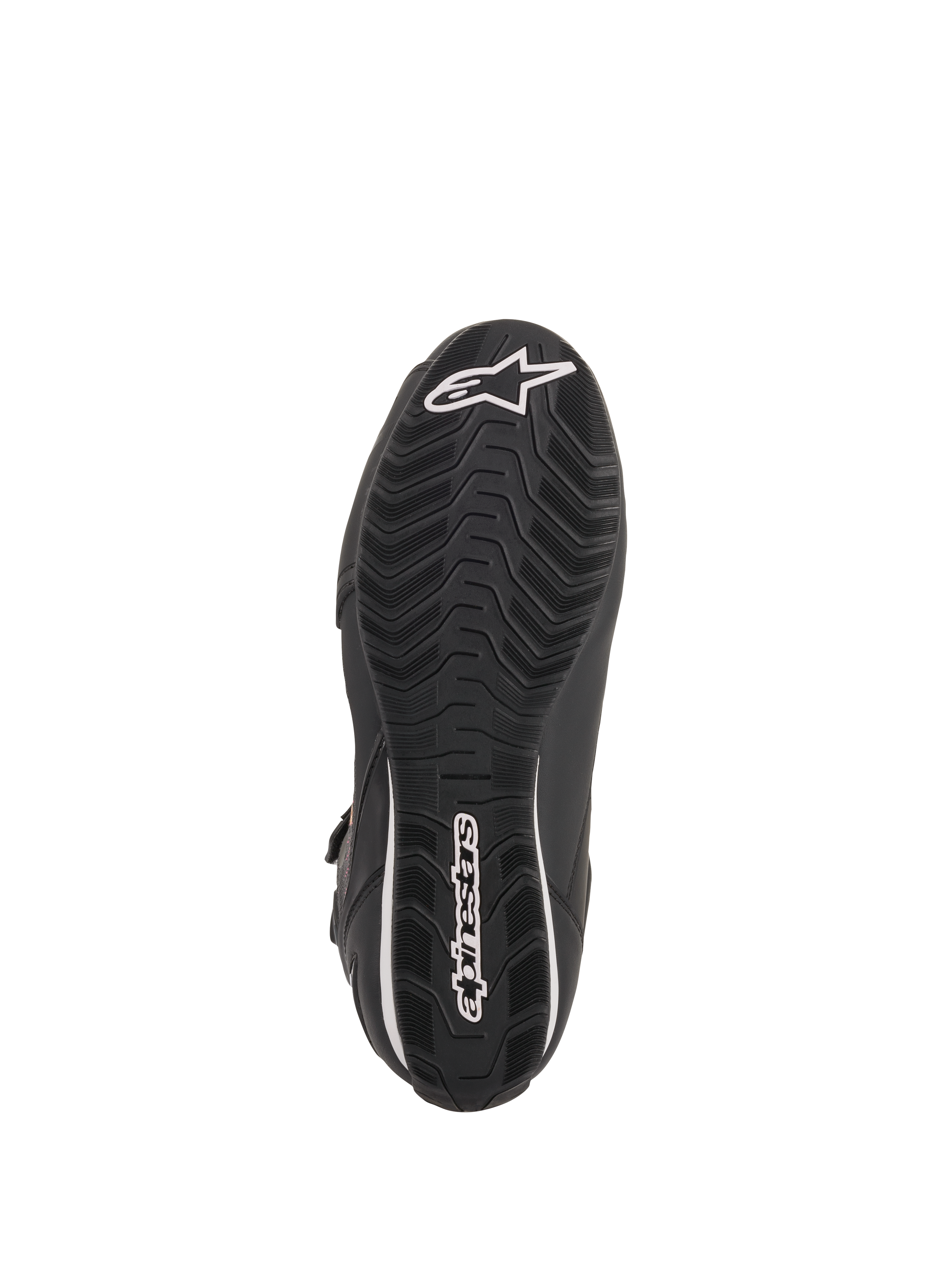 Scarpe Alpinestars Stella Faster-3 Rideknit® da donna, Nero Giallo Rosa, vista della suola in gomma nera con battistrada a trama ondulata, logo e scritta Alpinestars bianchi, design resistente per la guida su strada in moto