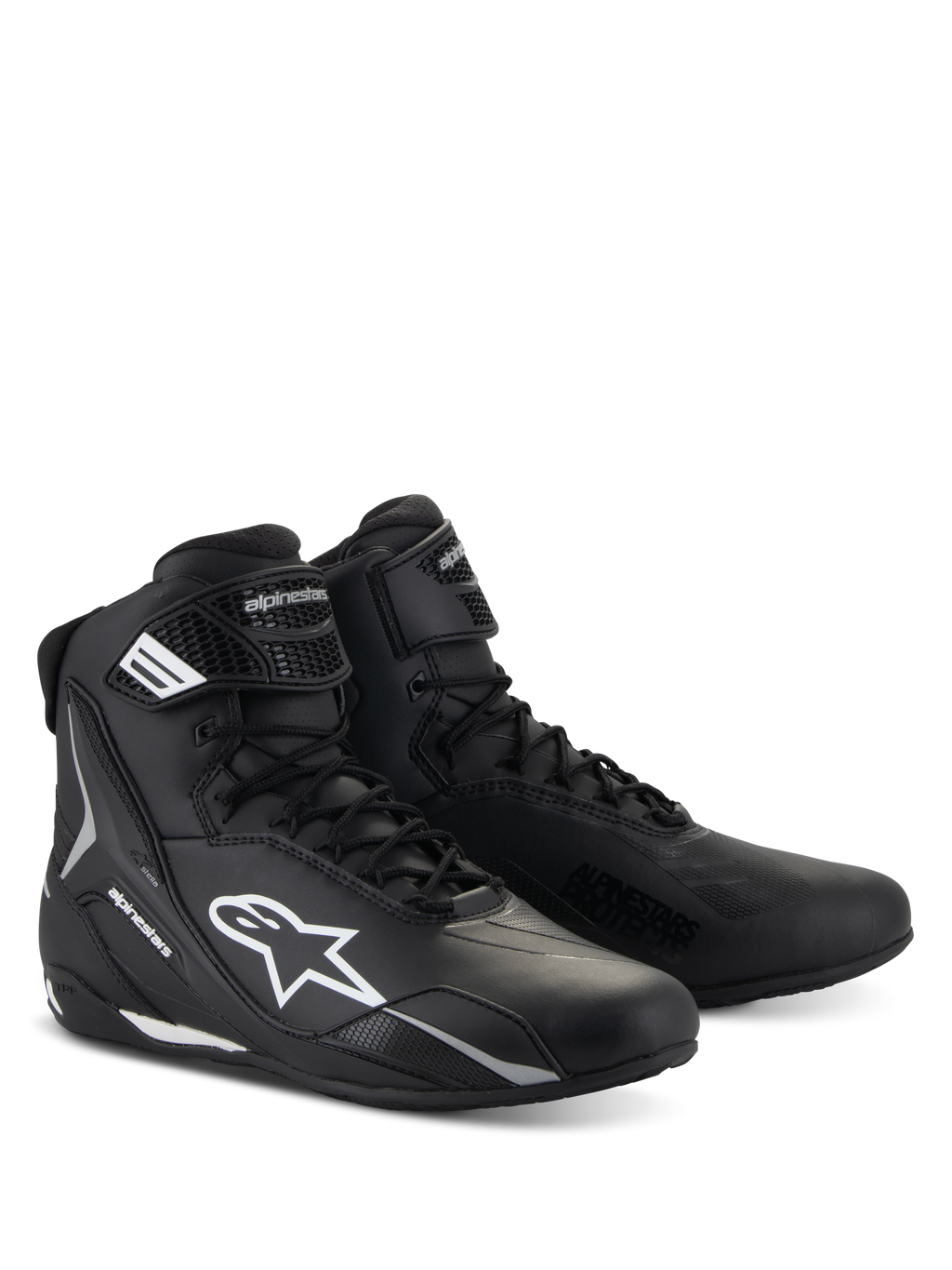 Scarpe Alpinestars Stella Faster-4, scarpe da moto da donna, nero con dettagli bianchi, design sportivo a profilo alto con chiusura a lacci e cinturino a strappo sulla caviglia, costruzione in microfibra resistente con loghi protettivi laterali