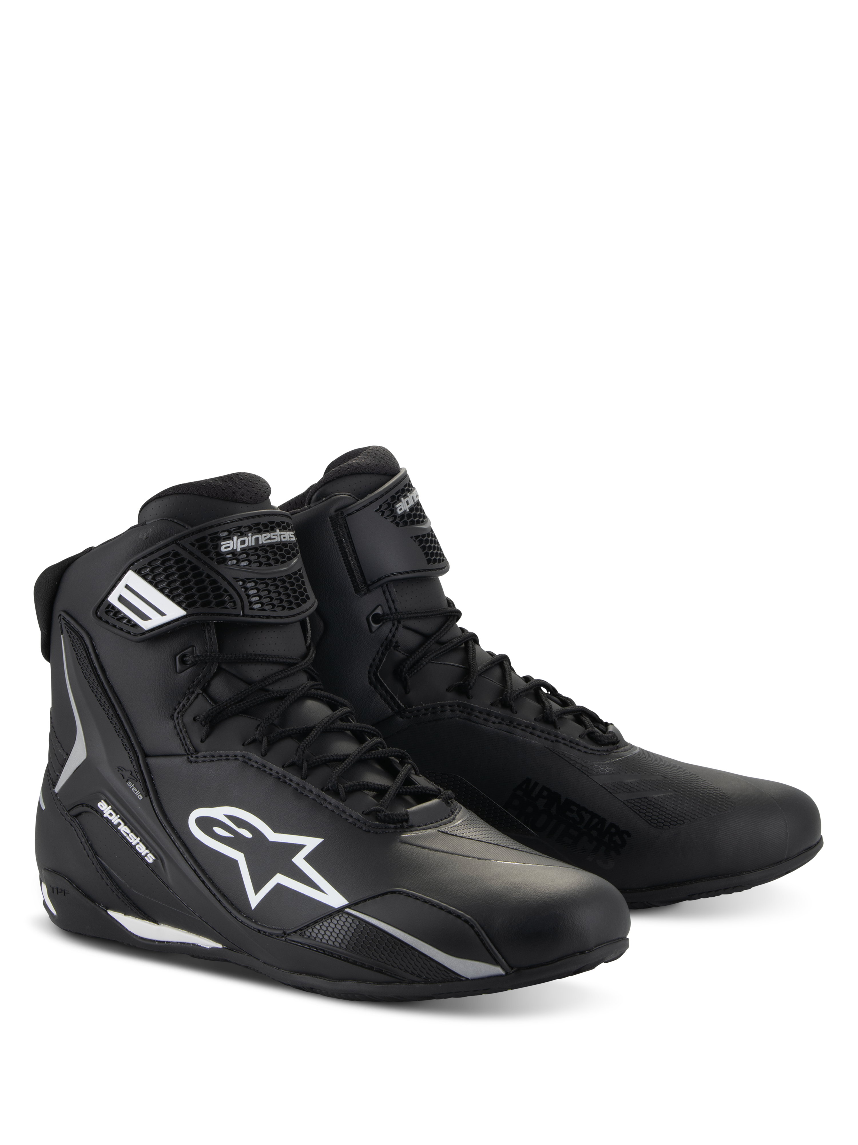 Scarpe Alpinestars Stella Faster-4, scarpe da moto da donna, nero con dettagli bianchi, design sportivo a profilo alto con chiusura a lacci e cinturino a strappo sulla caviglia, costruzione in microfibra resistente con loghi protettivi laterali