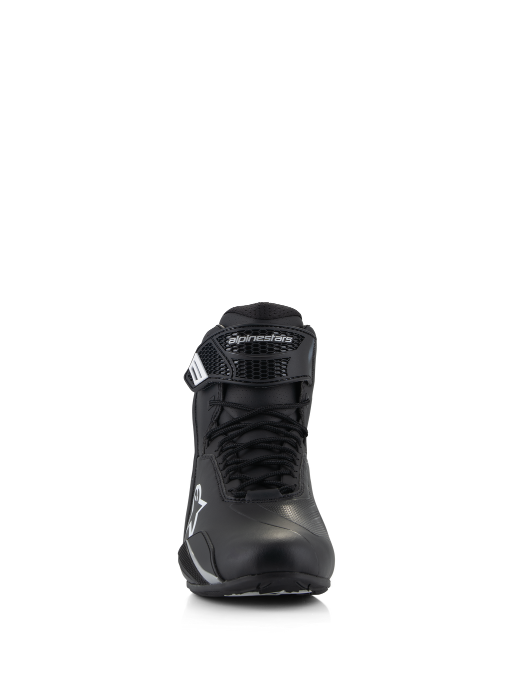 Scarpe Alpinestars Stella Faster-4, scarpe da moto da donna, nero, vista frontale, con chiusura a lacci e cinturino a strappo regolabile con logo Alpinestars, calzature tecniche per la guida su strada con costruzione in microfibra leggera